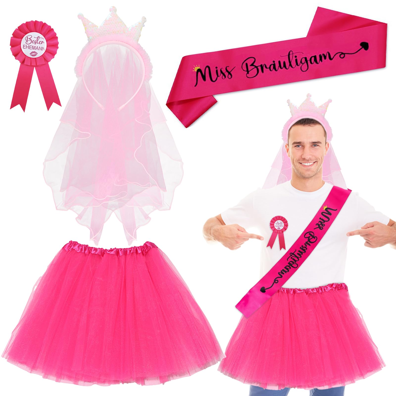 Disfraz Despedida Soltero con Tutú Rosa Hombre Insignia Velo JGA Corona Diadema Traje de Novio para Despedidas de Soltero,Disfraces Despedida Soltero Hombre JGA,Disfraz Despedida Soltera