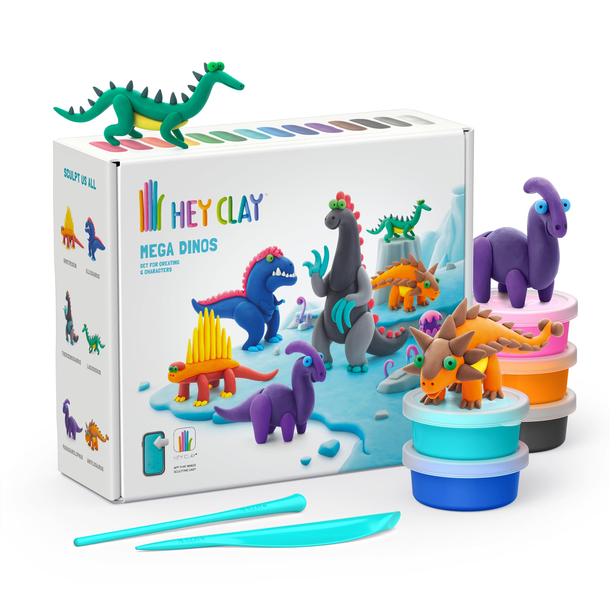 Hey Clay Mega Dinos Set - Colorful Modeling Air Dry Clay for Kids - Air Dry Clay Kit 15 Cans with Fun Interactive App