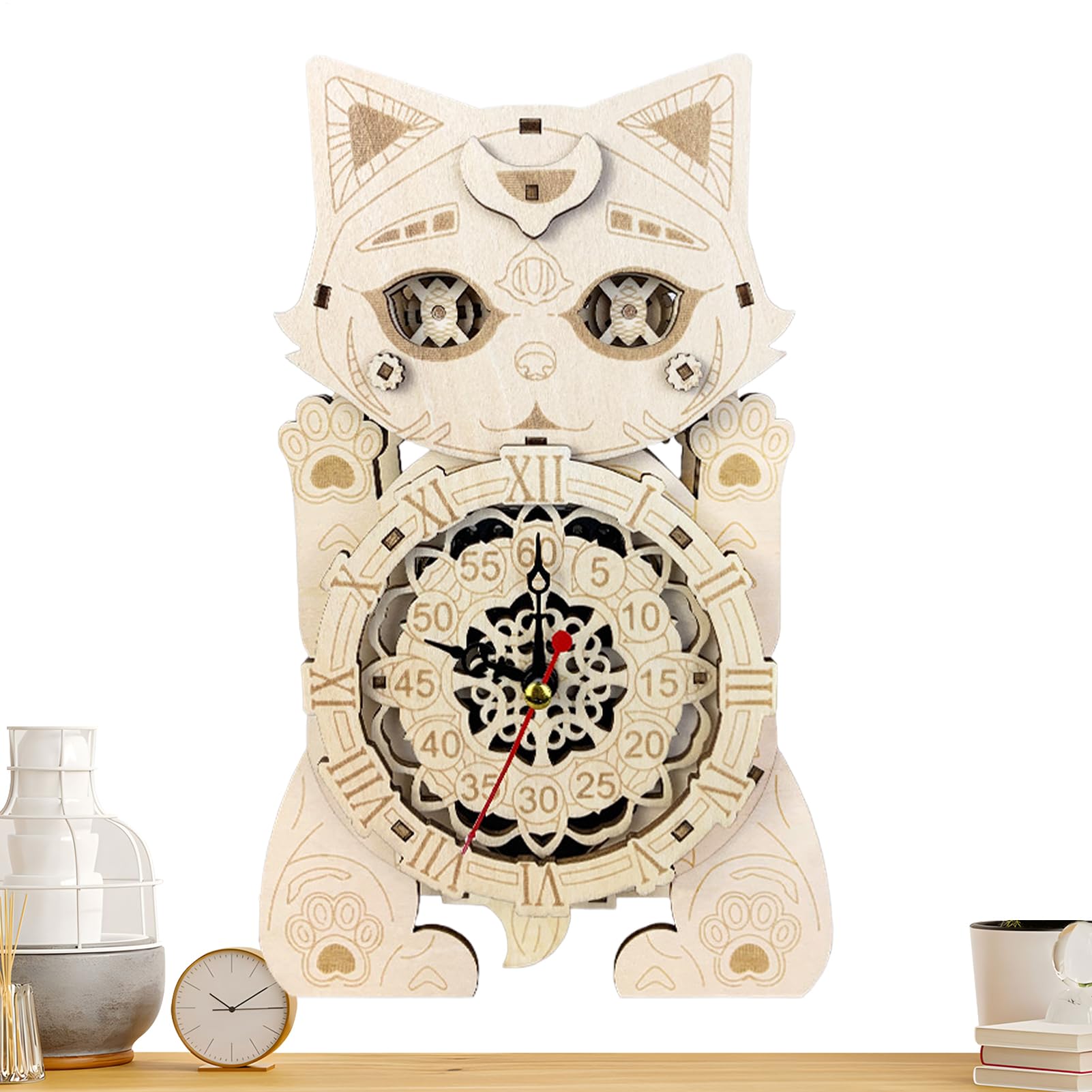 Wooden Model Kits Adults – Cat Clock Assembly Puzzle | Tight Connection Building Toy | Decorative Timepiece Craft for Living Room Coffee Shop Bookstore Work Area Study Space