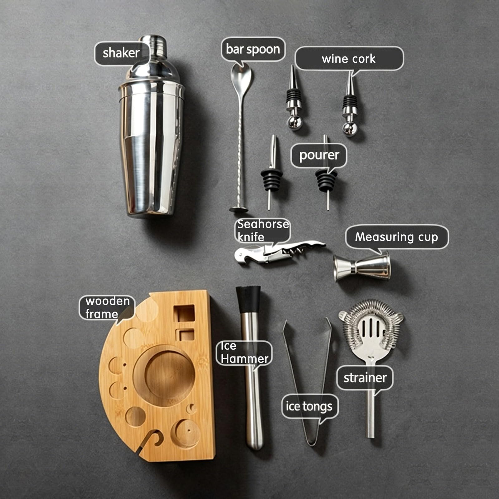Kit Barman Professionale in Acciaio 12 Pezzi Set Cocktail Shaker con Supporto kit da barista con Tutti Gli Accessori Essenzial Attrezzatura da Bar per Casa Bar Festa,Regalo per Donna Uomo