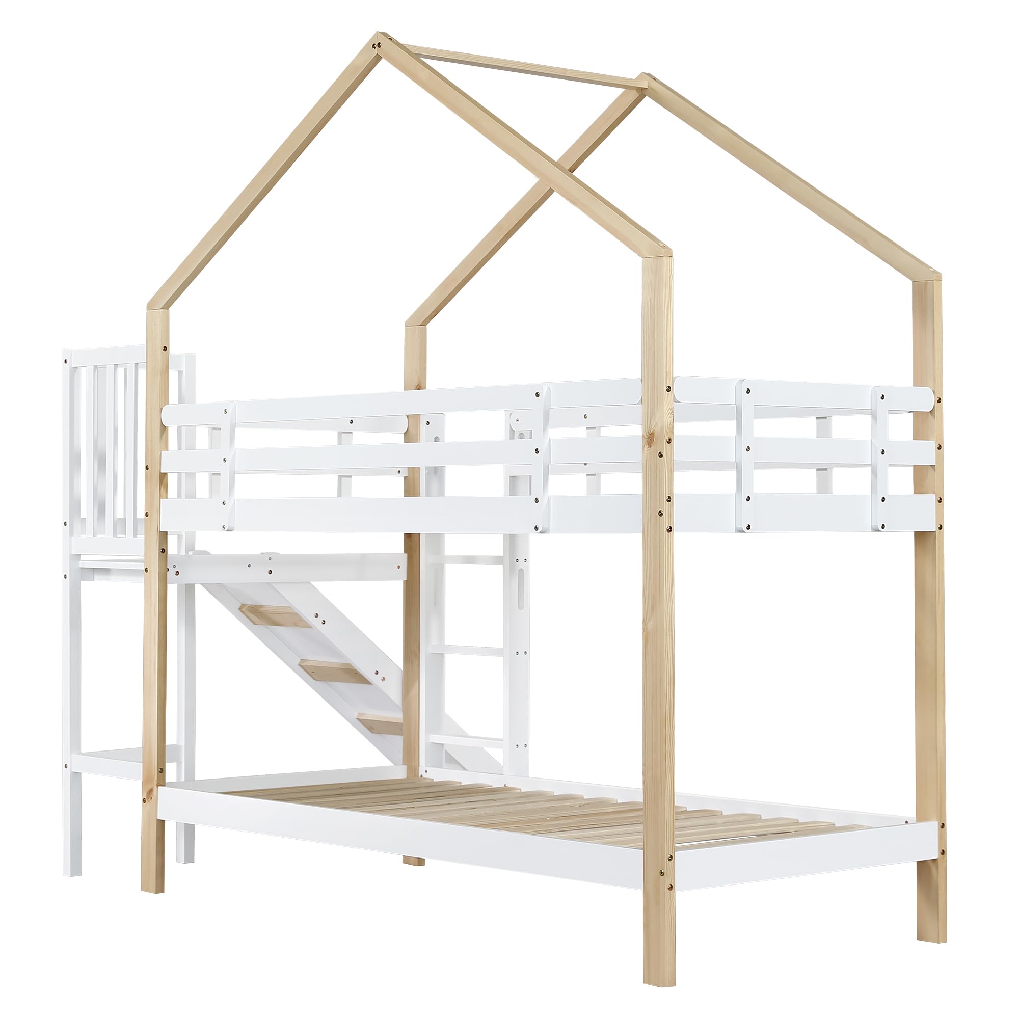 Moimhear Litera con tobogán y escalera angular de tres niveles, cama con protección contra caídas, cuna, marco de cama de madera maciza, color blanco y natural, 90 x 200 cm