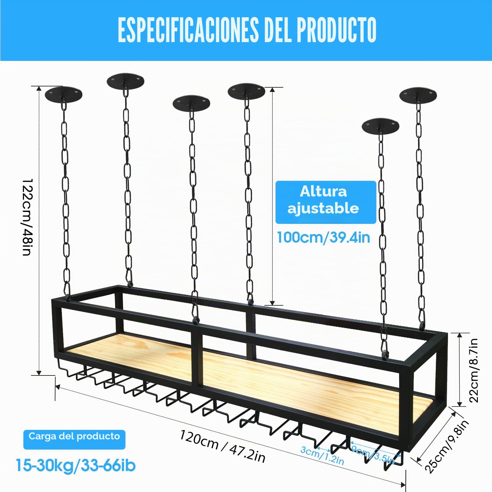 Botellero Soporte para Copa de Vino Colgante, Botellero de Vino Industrial Colgante, Altura ajustable Techo Botellero, Estante de Almacenamiento de Vino para el Hogar Bar Comedor Cocina