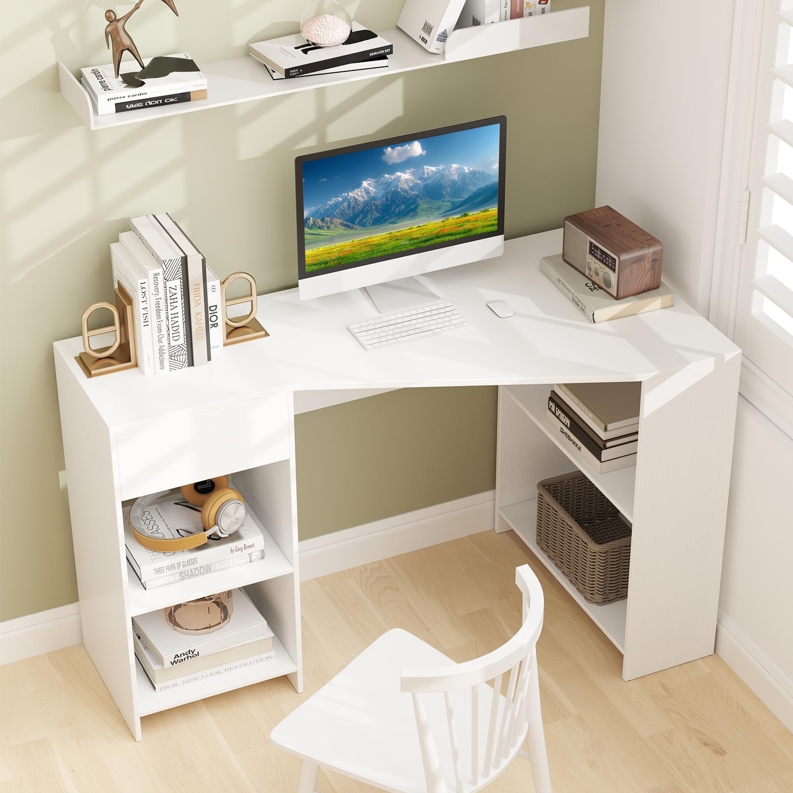 LIFEZEAL Scrivania Salvaspazio a L, Scrivania Angolare, Bianca, 120cm, con Cassetto e 4 Scomparti, Porta PC, Computer, per Ufficio, Studio, Cameretta, Moderno, Tavolo da Lavoro, Max 145kg, in Legno
