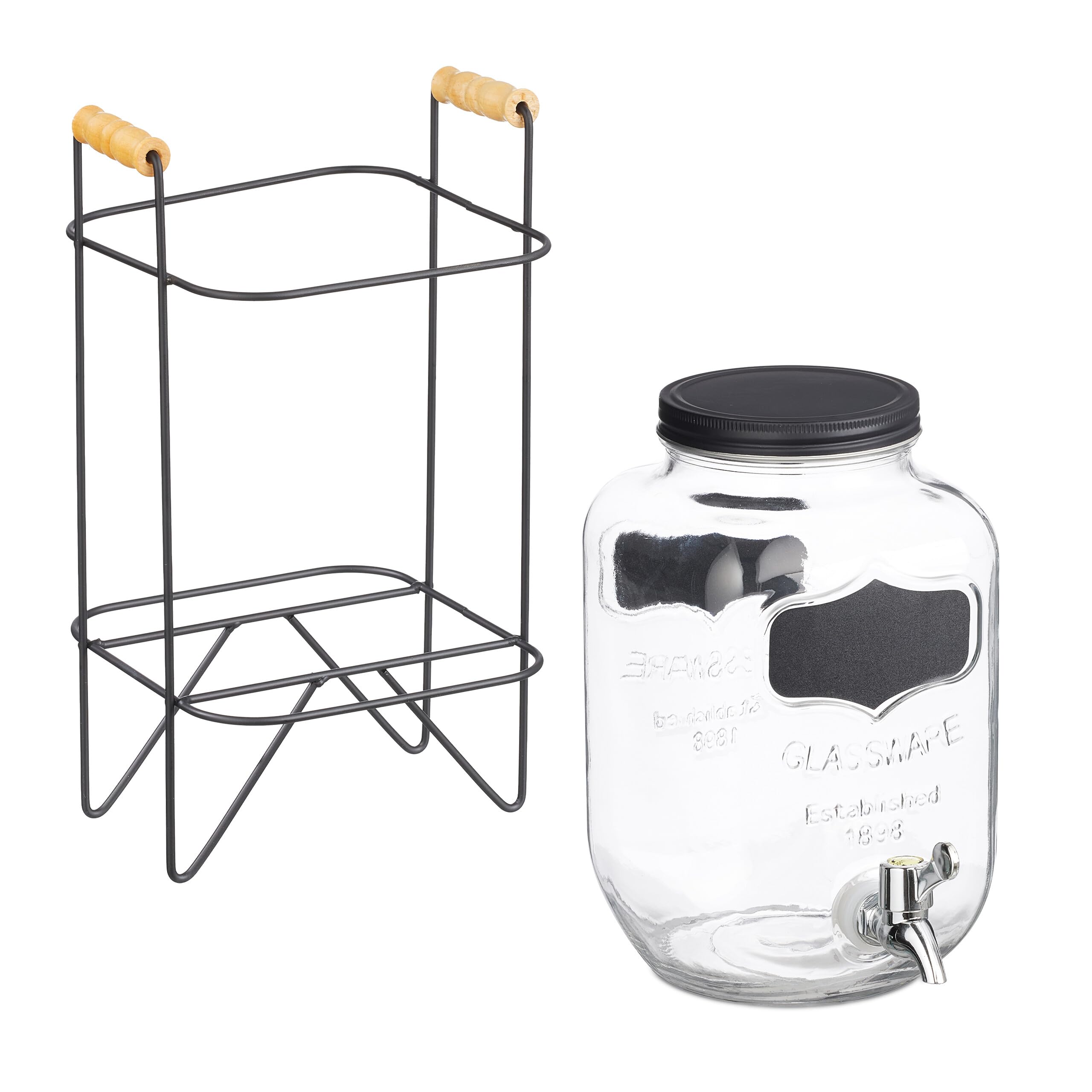 Relaxdays Dispensador Bebidas con Soporte, Recipiente Limonada 4 L, Grifo de Hierro y Tapa, Cristal, Transparente/Negro