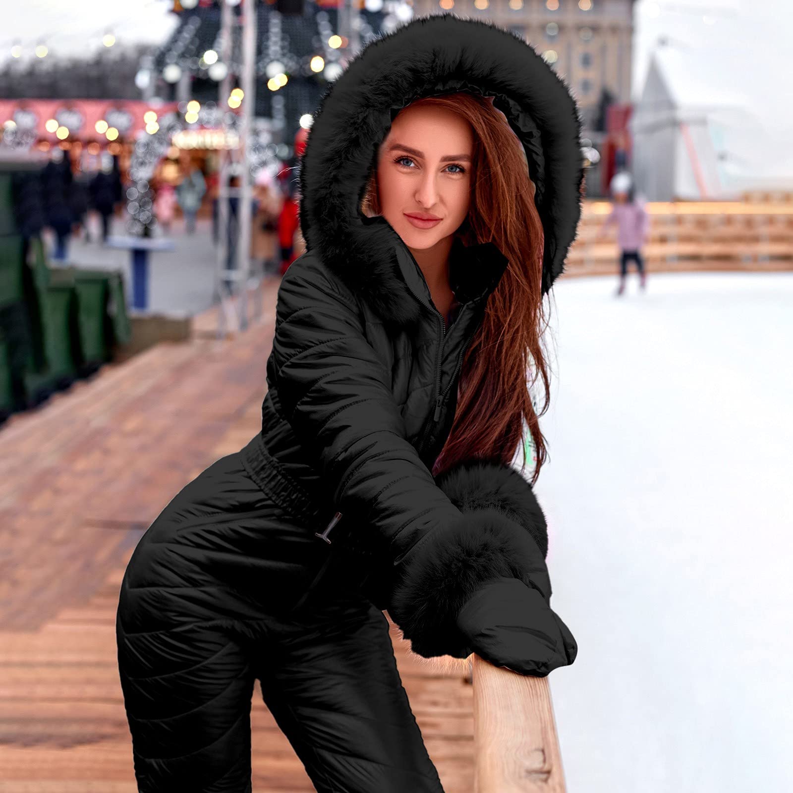 Fleece-gefütterter wasserdichter Skianzug für Damen, Ski-Anzug für Damen, Einteiler, Winter, Outdoor-Sport, isolierter Overall, Fleece-gefüttert, isoliert, All-in-One-Schneeanzug, klassischer lässiger