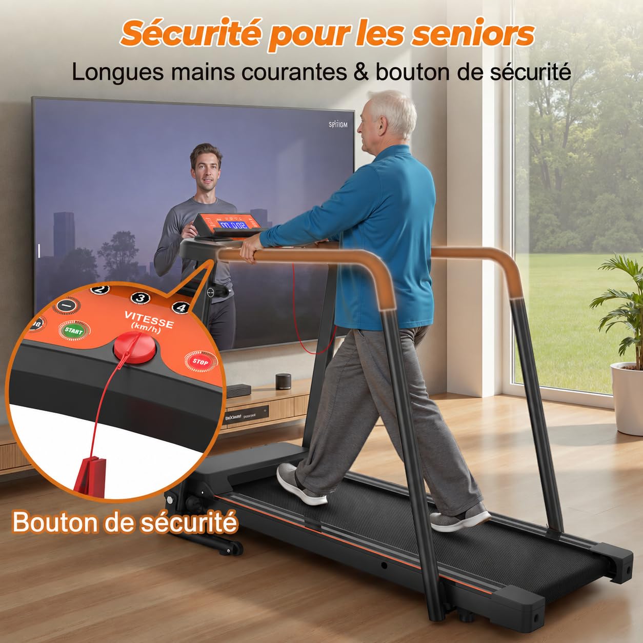 Tapis de Marche Senior, Longues Barres de Maintien, Grand écran LED, 135 kg