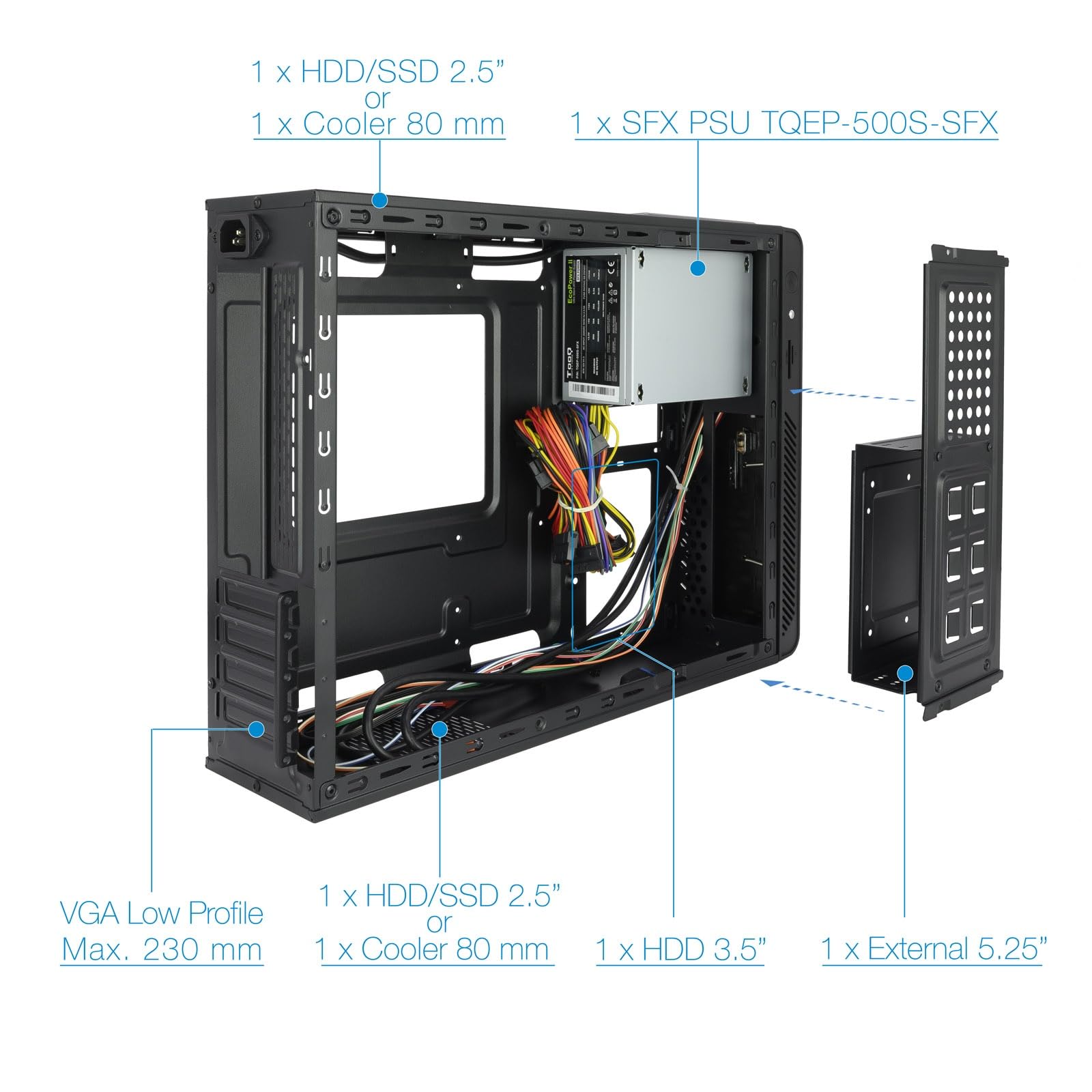 Caja Slim MATX, con Fuente de 500W, Lector de Tarjetas, Ideal para Builds compactas y optimización de Espacio en Sistemas.
