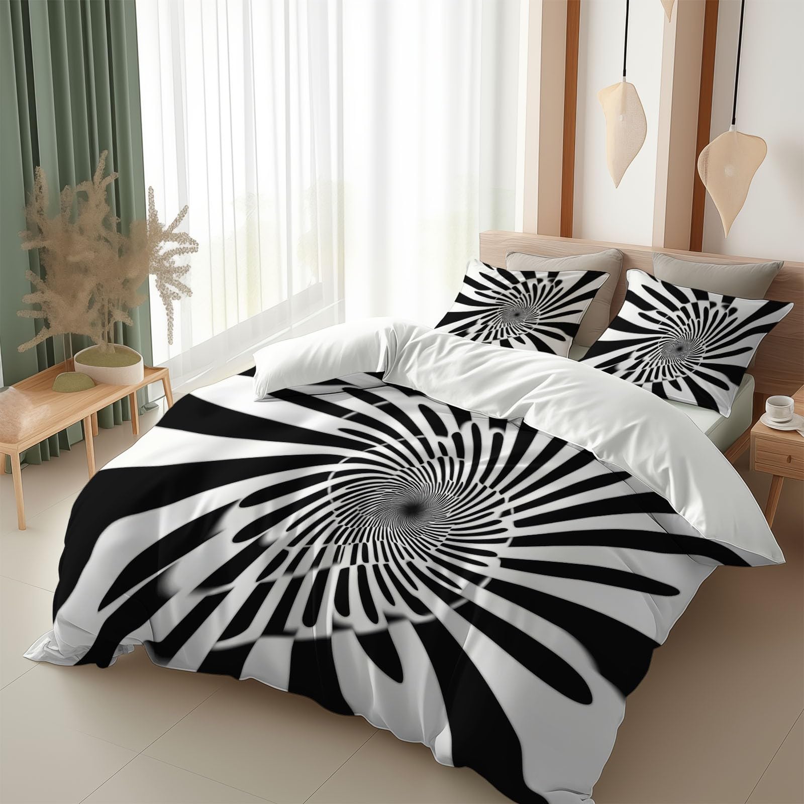 Poszwa na kołdrę 240 x 220 cm z 2 poszewkami na poduszki - Dwustronne spiralne linie iluzja optyczna zestaw pościeli dla dorosłych - 100% mikrofibra komplet pościeli dla 2 osób, biały