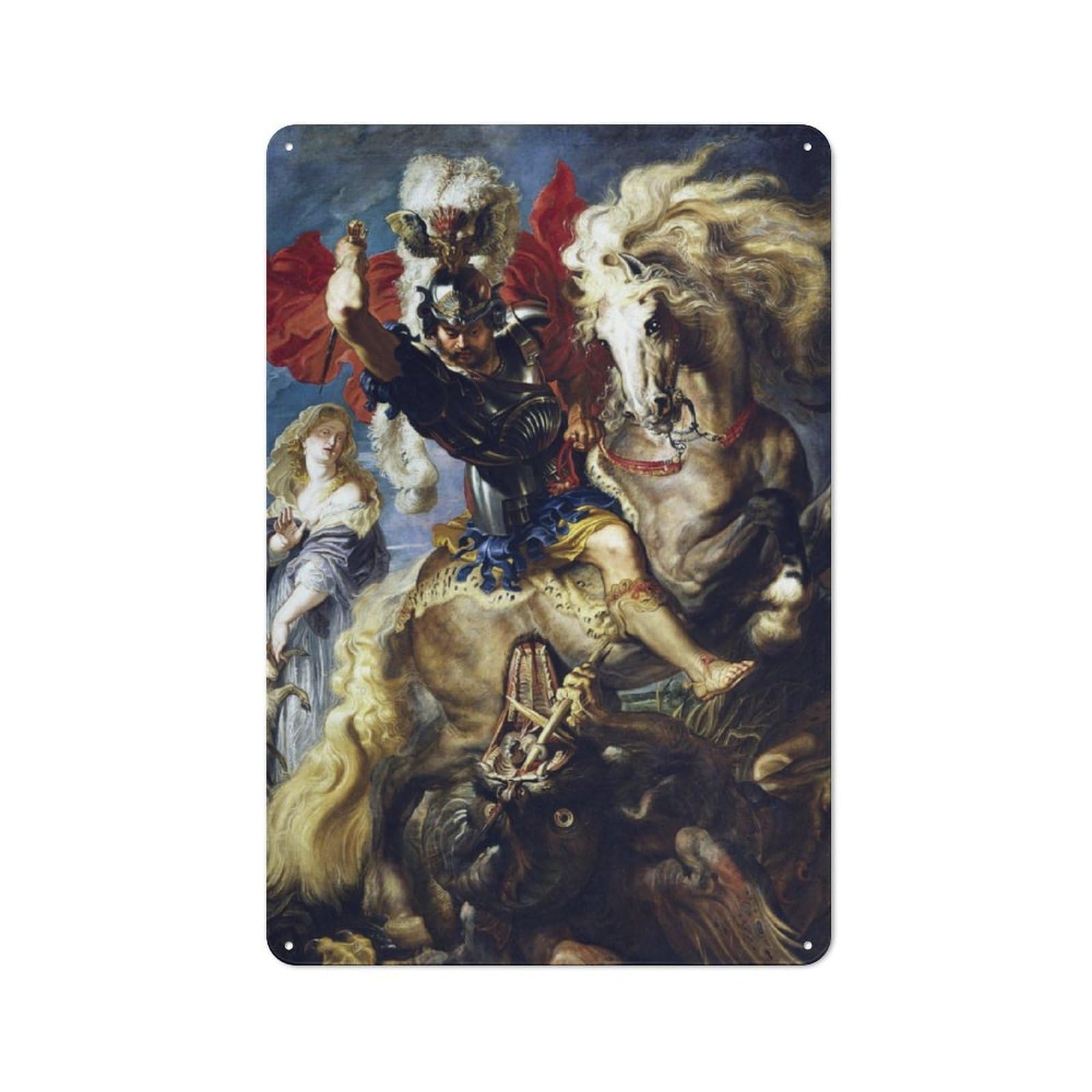 Junmoney Saint George And Dragon For Lounge Or Reading Corner, Rustic Tin Sign 30X20cm, For An Autumn Update To Lounge And Reading Corner