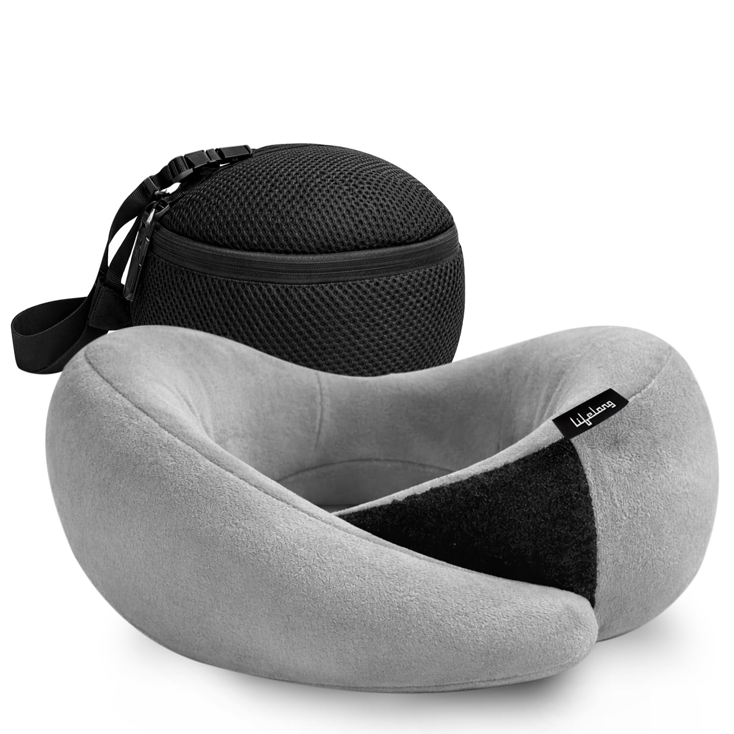 Lifelong Neck Pillow for Travelling | Memory Foam Neck Rest for Sleeping in Airplane & Car | Soft & Comfortable Neck Support | Adjustable Velcro Straps & Travel Pouch | Ideal for Office & Home (Grey)