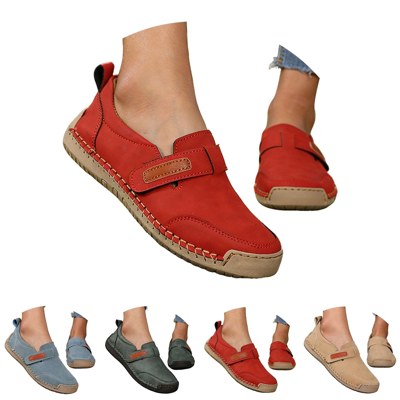 Mocasines casuales de cuero cosido para mujer, cómodos zapatos planos para caminar con correa ajustable de cierre táctil para recados diarios y viajes