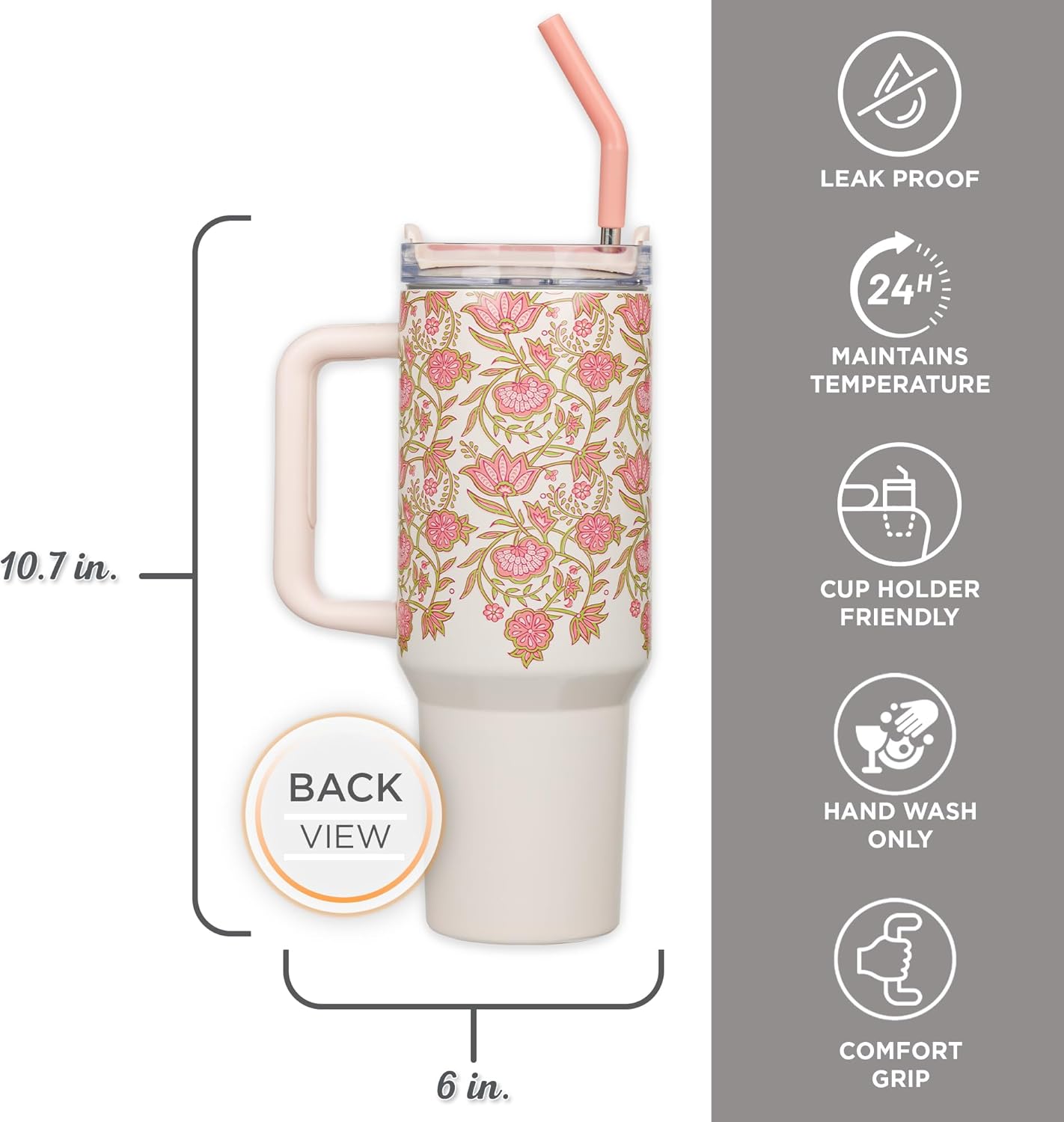 Christian Art Gifts Extra Large Stainless Steel Double Wall Vacuum Insulated Travel Tumbler for Women: Be Still Inspirational Scripture, Lid, Reusable Straw, Wide Handle, White & Pink Floral, 40 oz. - Image 3