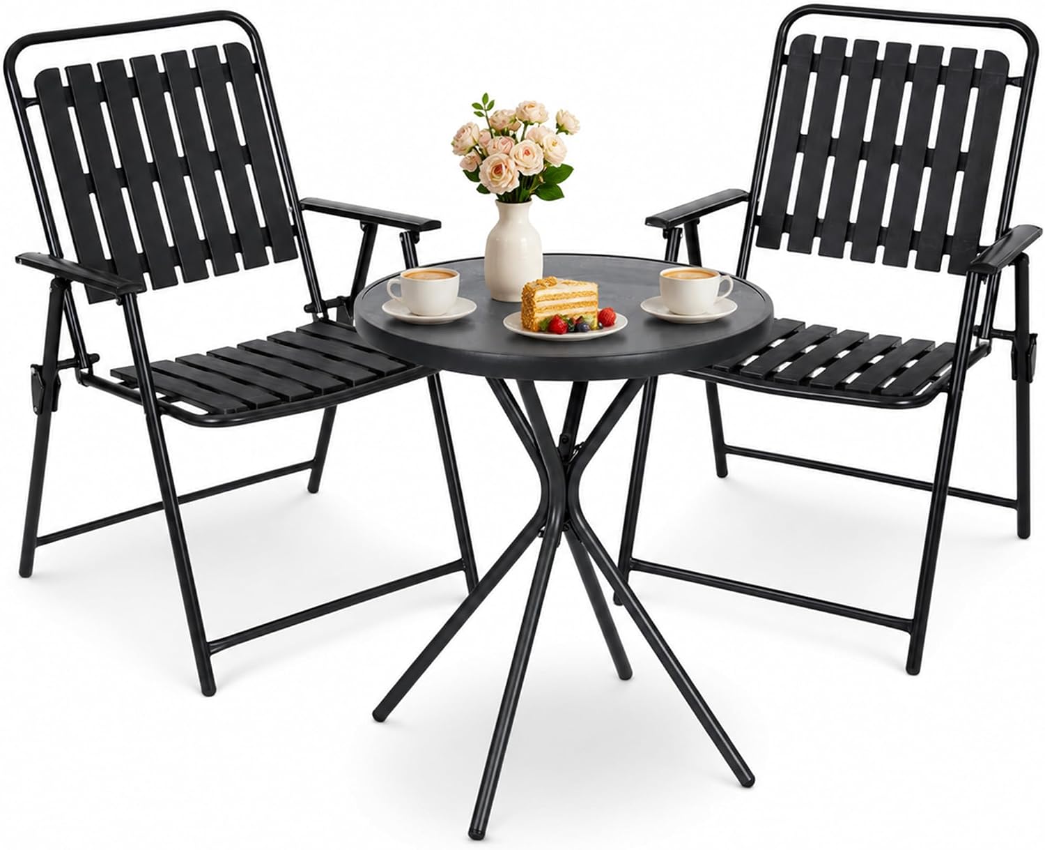 3-Piece Folding Patio Bistro Set, Space-Saving Table & Chairs, Rustproof & All-Weather Waterproof Outdoor Furniture for Balcony, Deck, Yard, Garden, Black