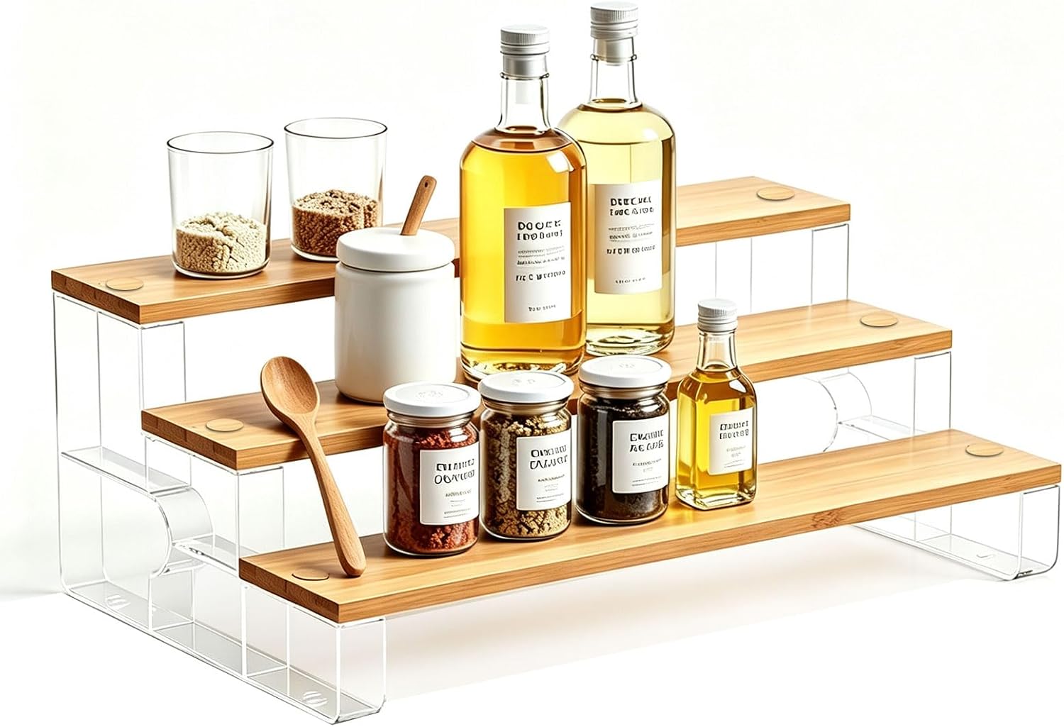 junyuan Spice Rack Organizer for Cabinet,3 Tier Spice Organization for Kitchen,Bathroom Organizers and Storage,Seasoning Countertop Shelf,Bamboo Display Shelves Racks,Clear 11.2"