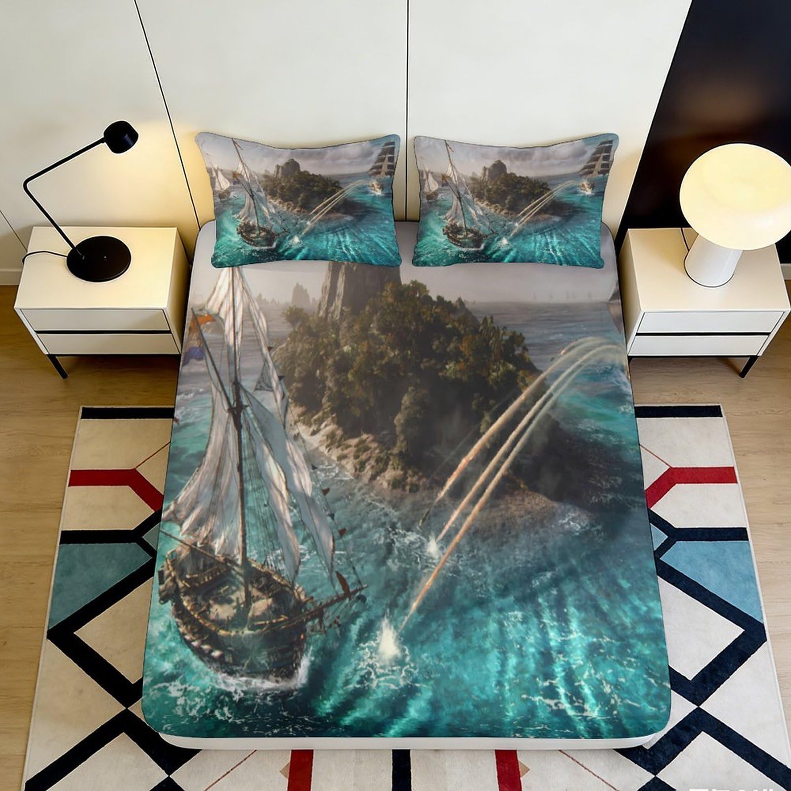 3D Printed Pirate Ship Island Fitted Sheet Microfiber Soft Blue Ocean Mattress Cover for Bedroom Guest Room 120x200x25cm
