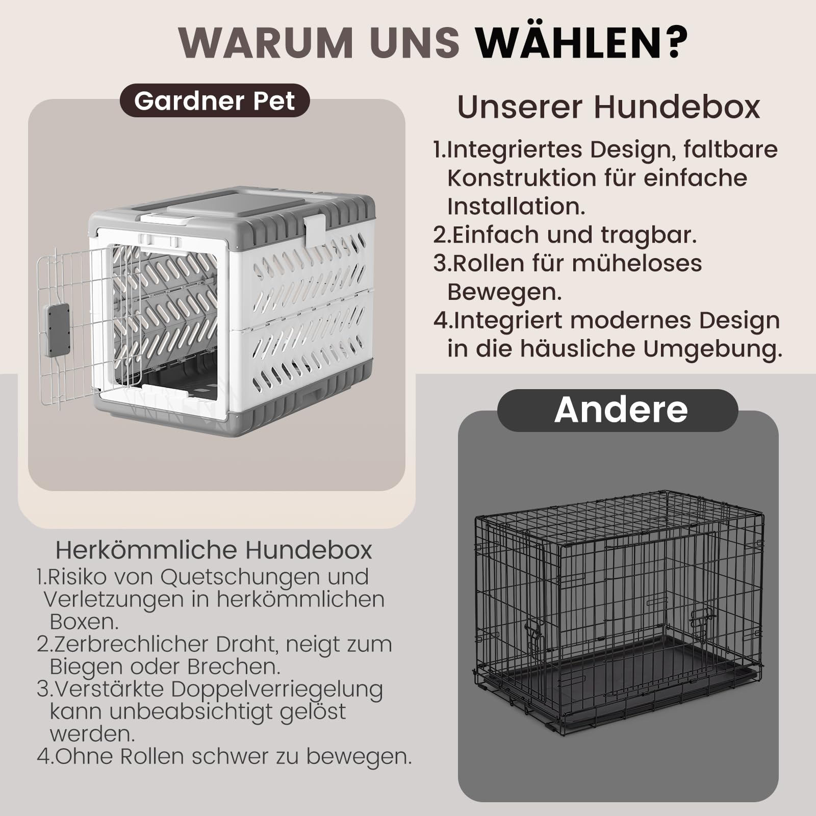 Gardner Pet faltbare Hundebox für große Hunde, Hundetransportbox, Montage ohne Werkzeug, Reisebox für Hunde mit 2 Rädern, leicht zu transportieren, platzsparend, Extra große Acryl-Hundebox, 92x58x66cm