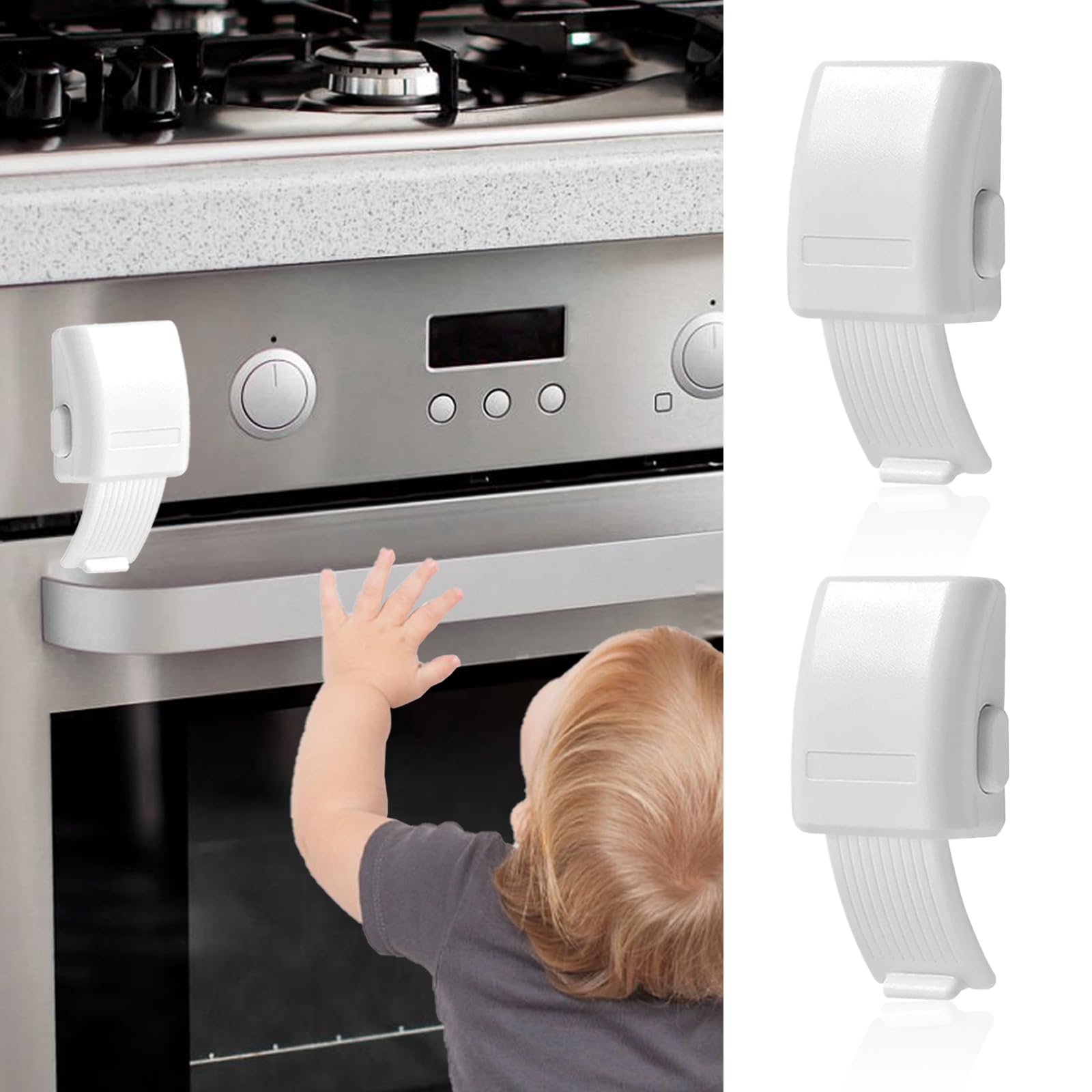 2Pcs Childproof Oven Door Lock, Oven Front Lock Easy to Install and Use Durable and Heat-Resistant Material no Tools Need or Drill (White)