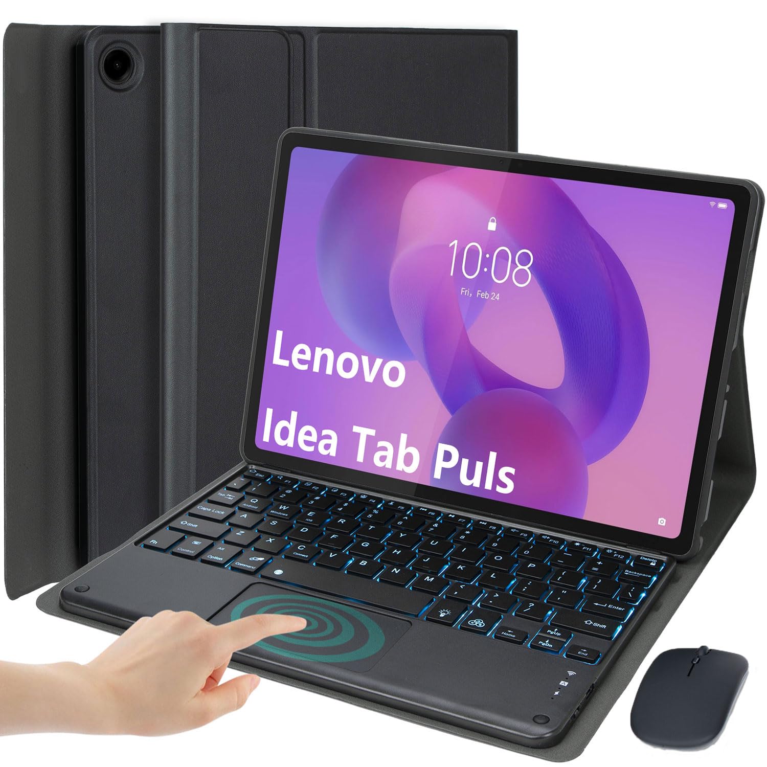 Custodia con Tastiera per Lenovo Idea Tab Plus 12,1 Pollici/Tab K12 2025 (TB361ZU/TB361FU), Tastiera Touchpad Staccabile Retroilluminata 7 Colori, Cover Ultrasottile con Mouse,Nero