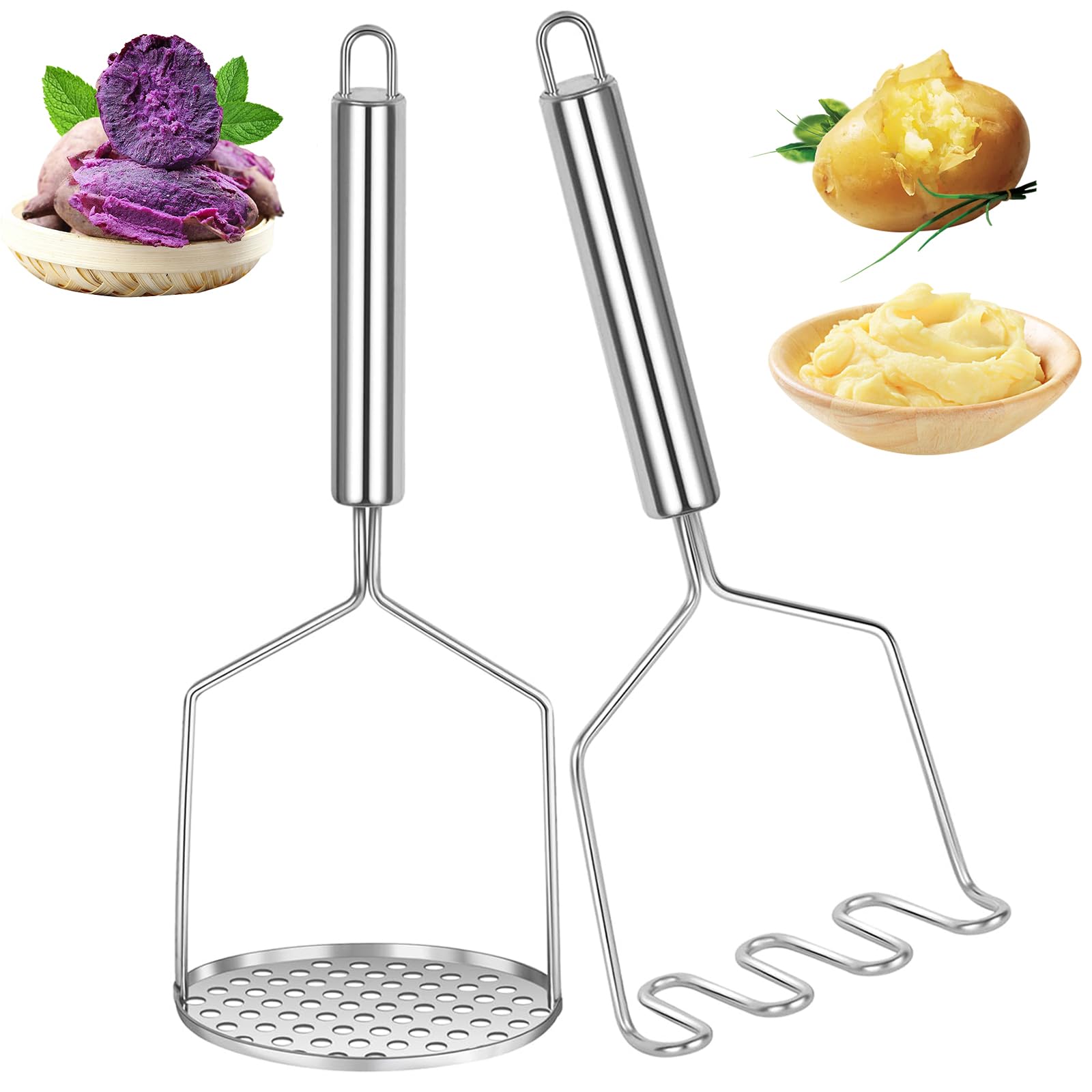 2 Piezas Prensador de Patatas de Acero Inoxidable, Aplastador de Patatas, Machacador de Patatas Aplastador de Patatas Cocidas Prensa Patatas para Pure para Calabaza, Patata Dulce, Frutas, Verduras