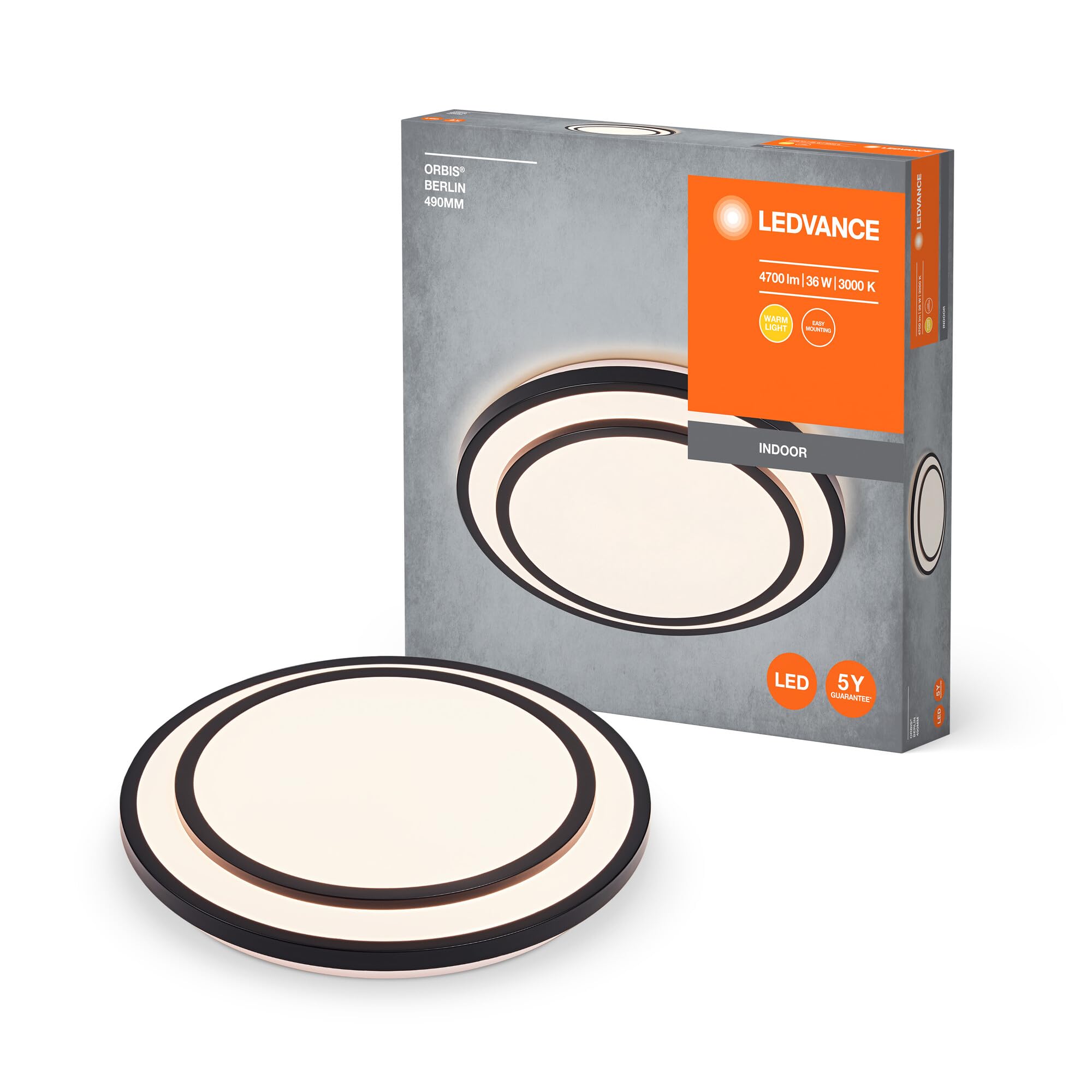 LEDVANCE Orbis Berlin Led Ceiling Light 490Mm, Black, 36W, 4150Lm, Warm White Light Color, Very Homogeneous Light Distribution, Long Life, Non-Replaceable Led Module, Round, Ip20, 3000K