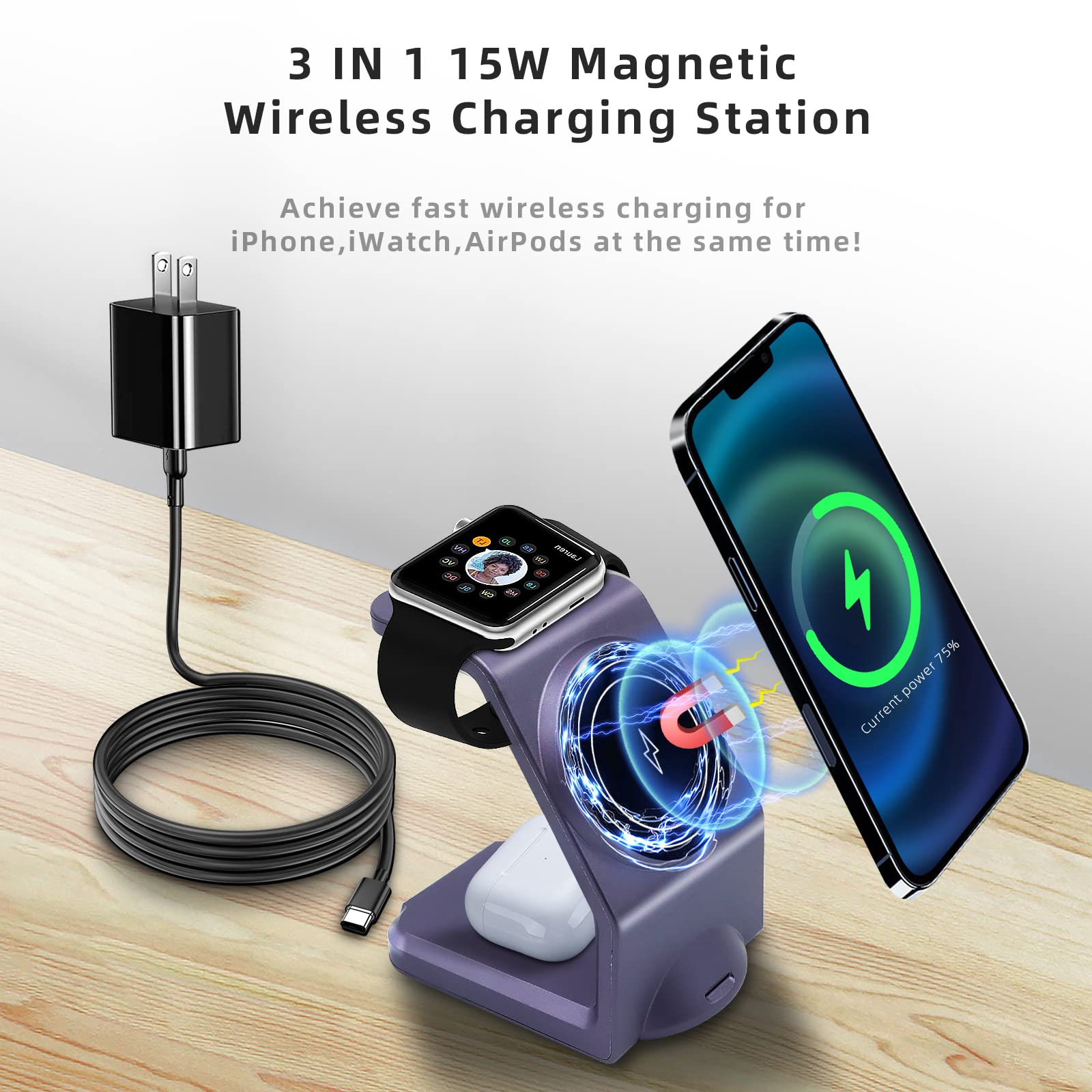 Station de charge magnétique 3 en 1 sans fil pour Apple - Plusieurs appareils - Pour Apple -15/14 Pro Max, iWatch Ultra/8/se/7/6/5/4/3/2, AirPods2/Pro