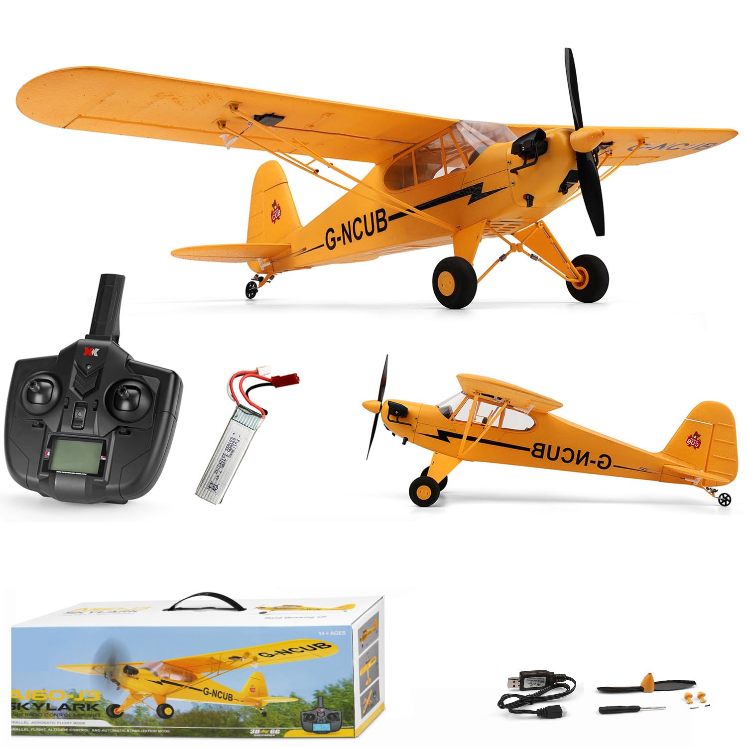 Large Brushless Remote Control Plane XK A160 RC Aircraft Glider WarII J3 Main Battle Military Aircraft 6-Axis Gyroscope 5-Channel 3D Stunt Somersault Flight 6 AXIS Gyro For Beginners Adults Expert