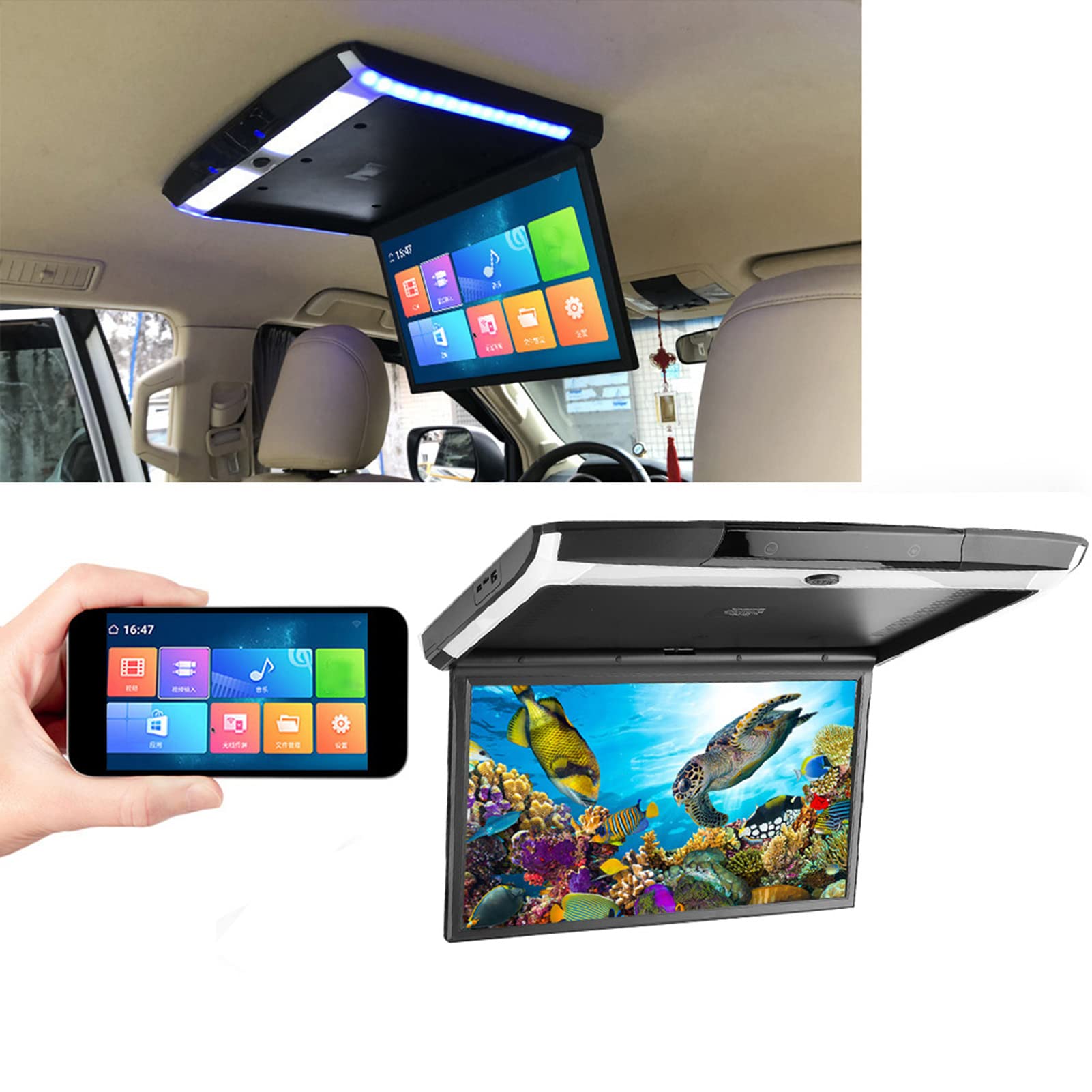 Reproductor de Techo para Automóvil, 17.3In IPS 1080P WiFi Bluetooth Monitor de Automóvil Abatible hacia Abajo Soporte Android Hdmi AV FM USB Montaje en el Techo Monitor Abatible hacia Abajo