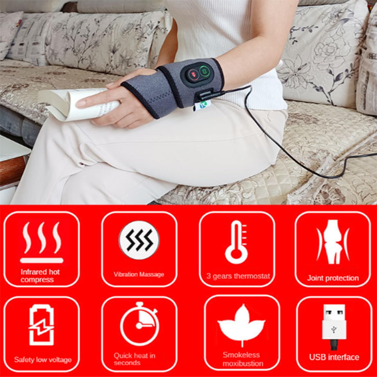 Envoltura Calentada Mano Muñeca Portátil,Muñequera Túnel Carpiano Compresión Soporte,Masaje De 3 Velocidades,Eléctrico Almohadillas Calefactoras De Muñeca