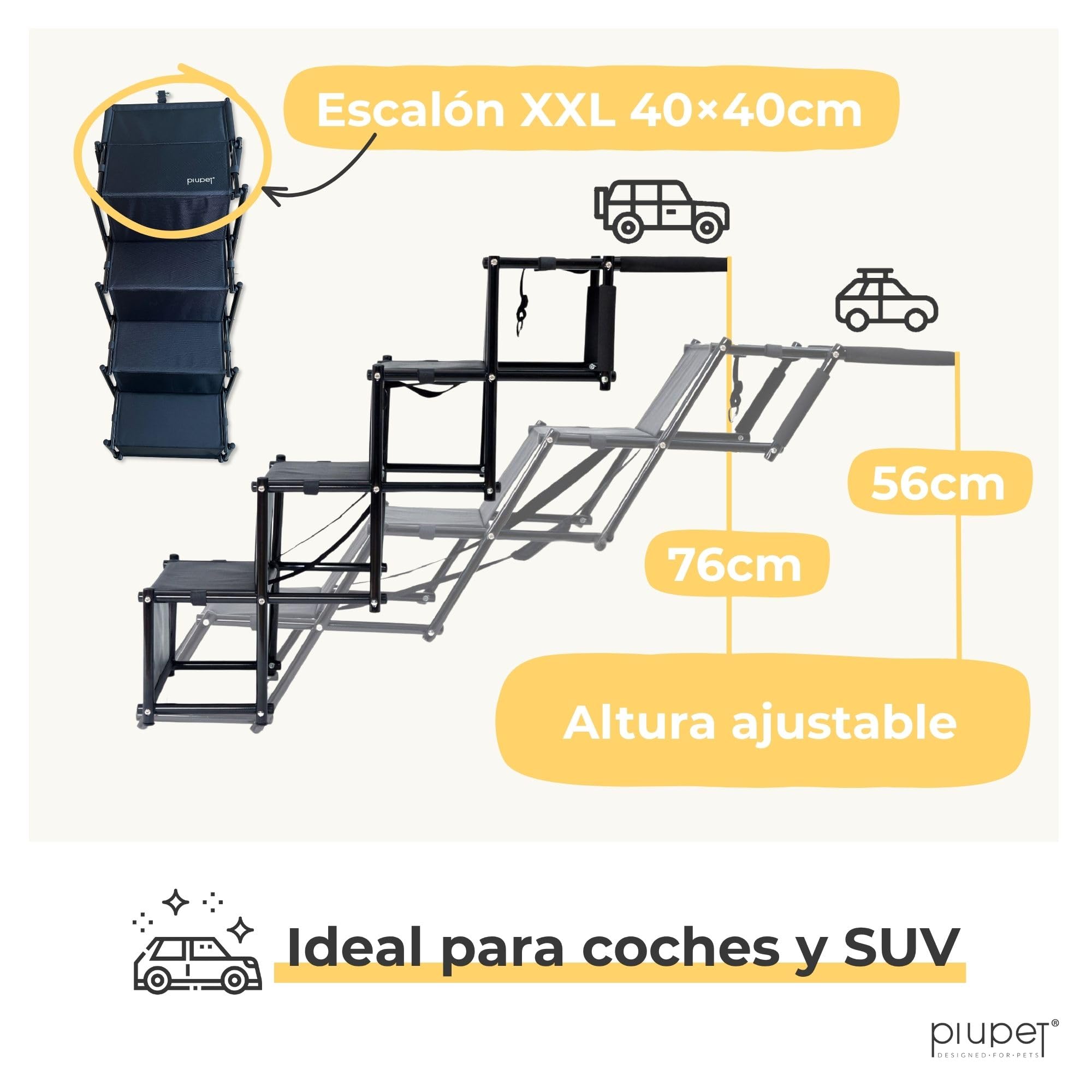 PiuPet® Rampa para Perros I hasta 80kg Cargable I Utilizable para Todos los vehículos I Escalera para Perros Plegables | Escalones para Mascotas | Rampa Coche