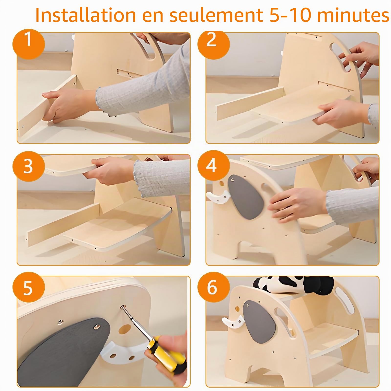 Escabeau pour Enfants, Tabouret à 2 marches en Bois pour Enfants, supportant jusqu'à 80 kg, avec Repose-Pieds antidérapant pour Salle de Bain, Cuisine, Chambre d'enfant, Toilettes