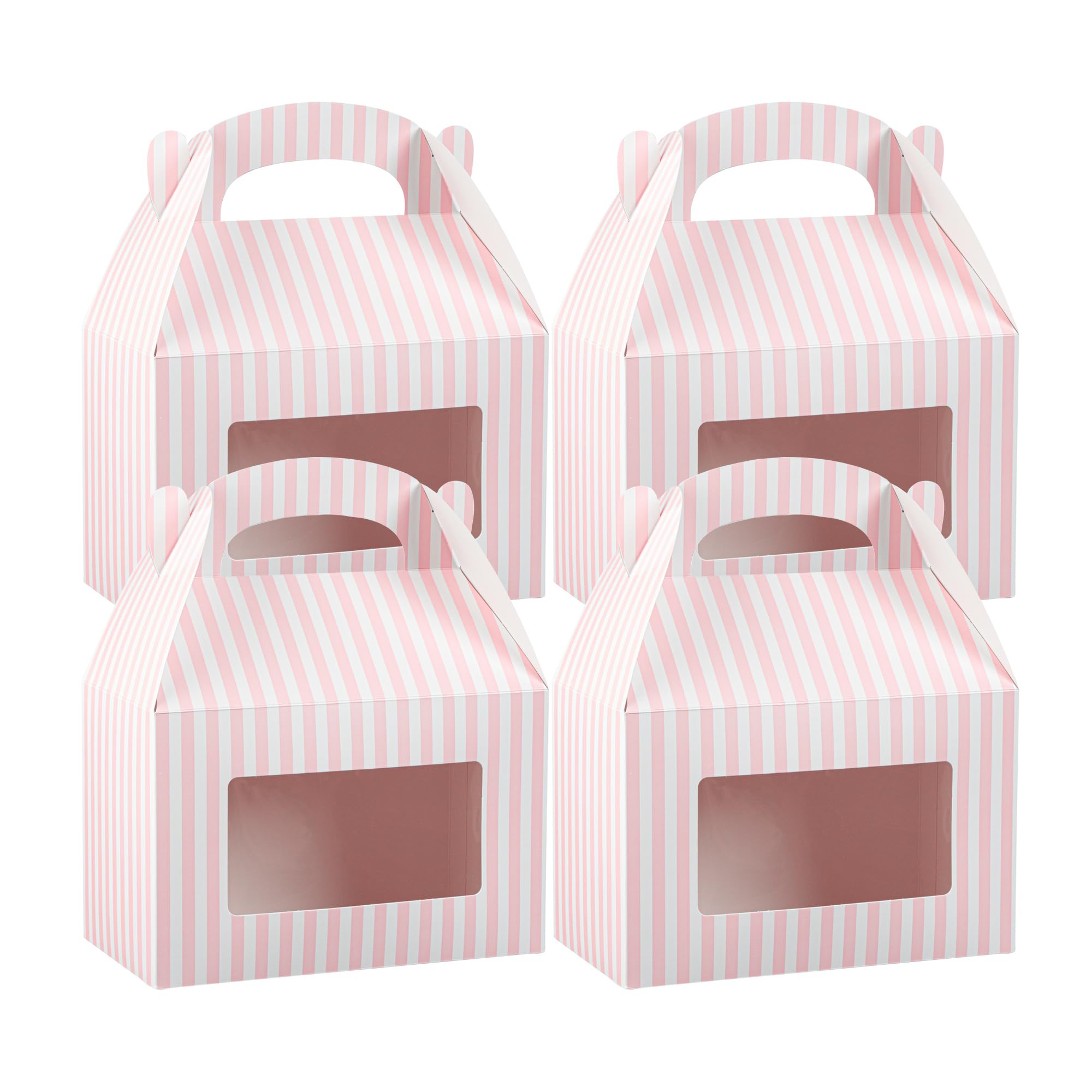 restaurantware bio tek 8.5 x 4.8 x 5.5 inch gable boxes for party favors 25 durable gift treat boxes - striped design with clear pet window pink and white paper barn boxes built-in handle