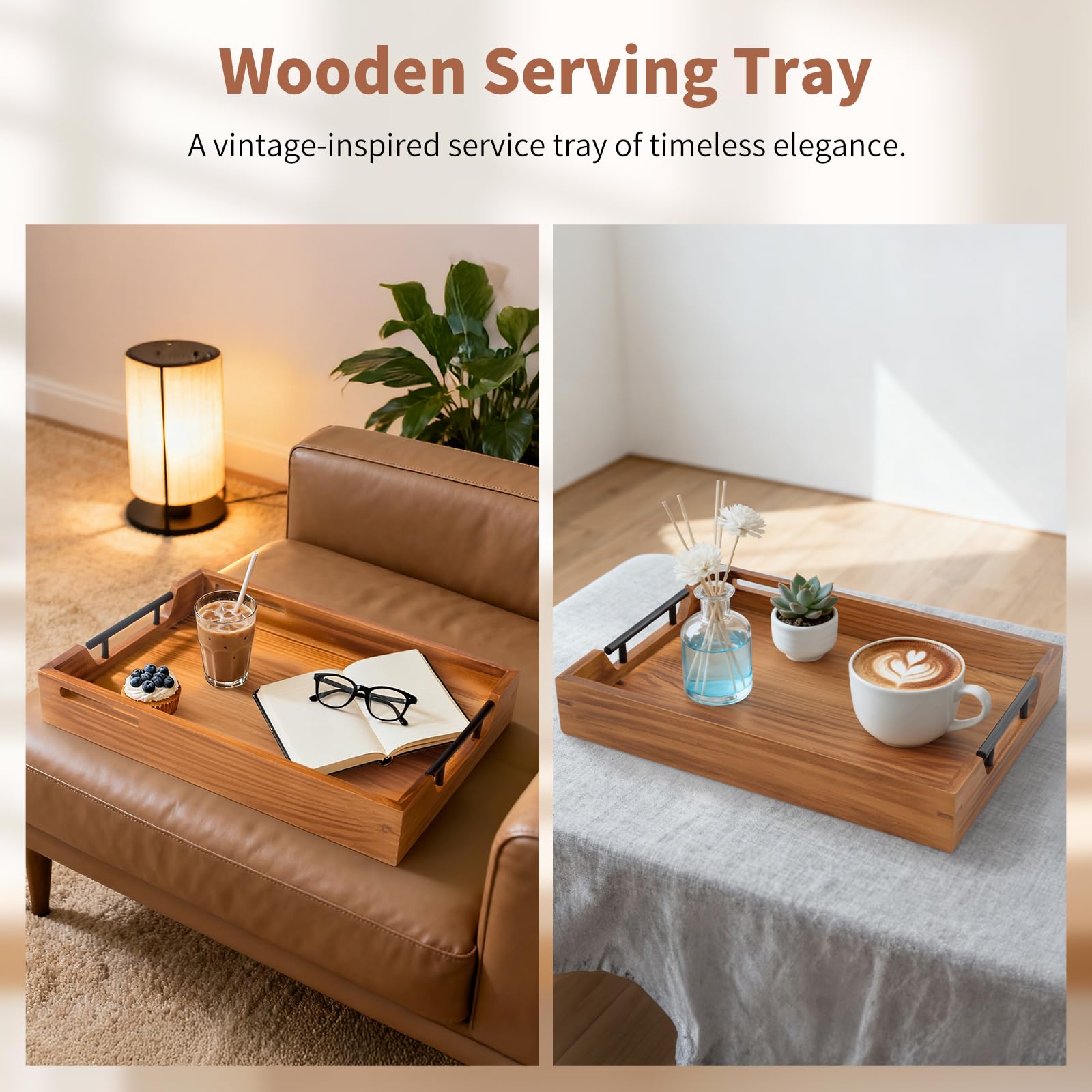 Serviertablett aus Holz mit Griffen, rustikales Holztablett, dekoratives Couchtisch-Tablett für Ottomane, Wohnzimmerdekoration, Frühstückstablett im Bett, Küchen-Essens-Tablett