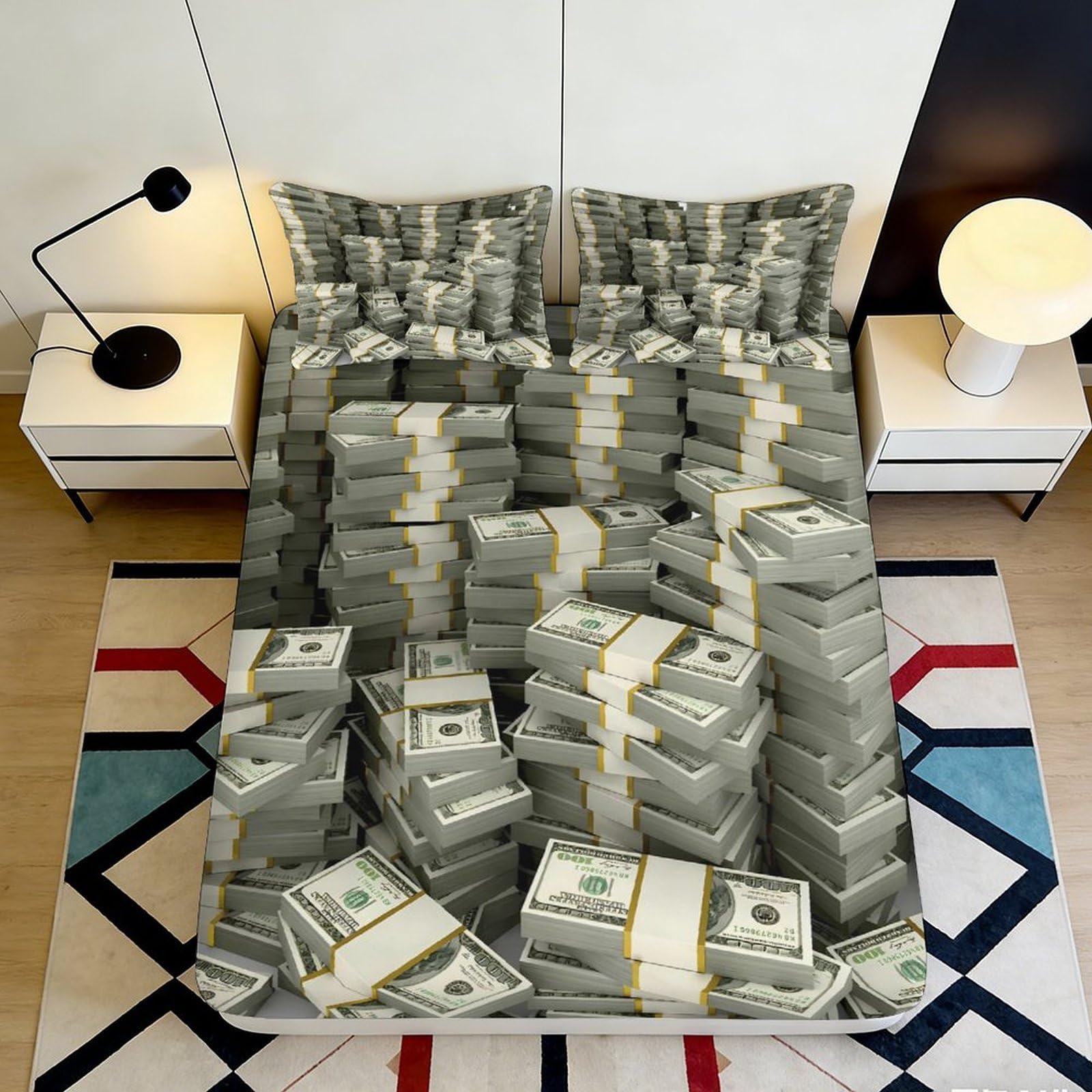 3D Printed Money Bundle Fitted Sheet Microfiber Soft Breathable Cash Stack Bed Cover for Bedroom Dorm Mattress Protection Decor 90x200x25cm