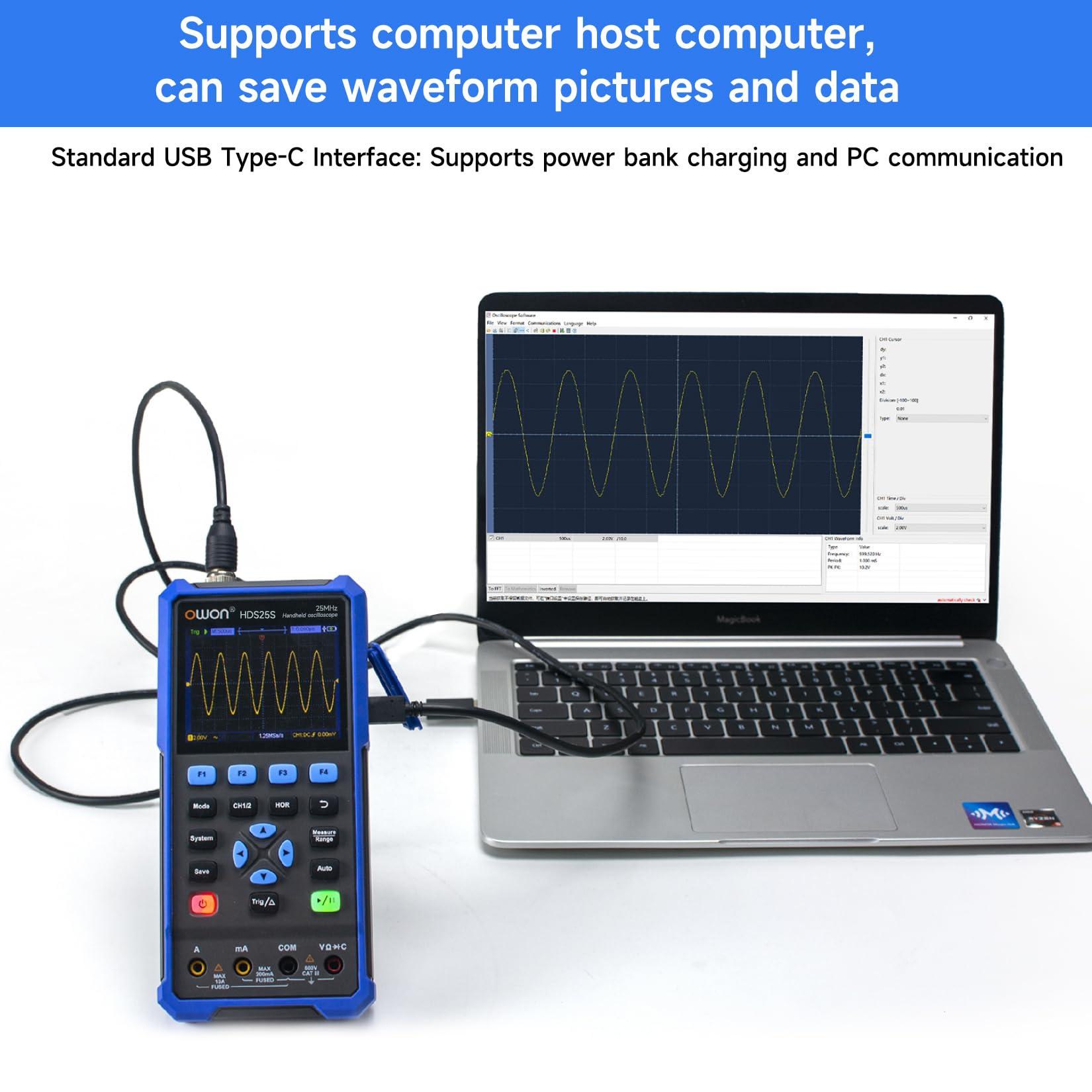 OWON HDS25S 3 in1 Hand Digitaloszilloskop, 25 MHz Bandbreite, 2 Kanal Digitaloszilloskop mit 1 Kanal Wellenformgenerator, 20000 Zähl Multimeter, mit USB Typ C und 3,5 Zoll LCD Display