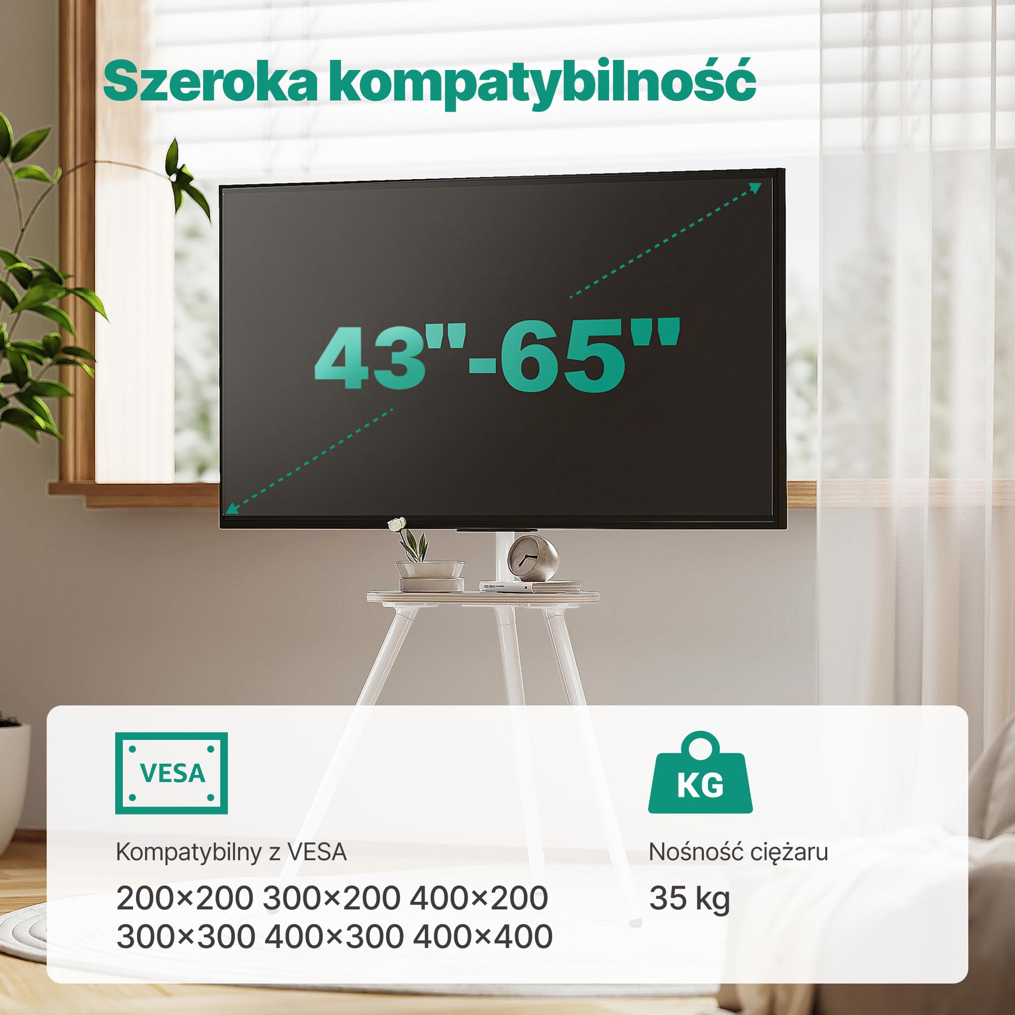 Stojak pod telewizor typu sztaluga (trójnóg), do ekranów 43–65 cali | przenośny, obrotowy i z regulacją wysokości, z drewnianą półką, udźwig do 35 kg; idealny do sypialni i salonu, Biały