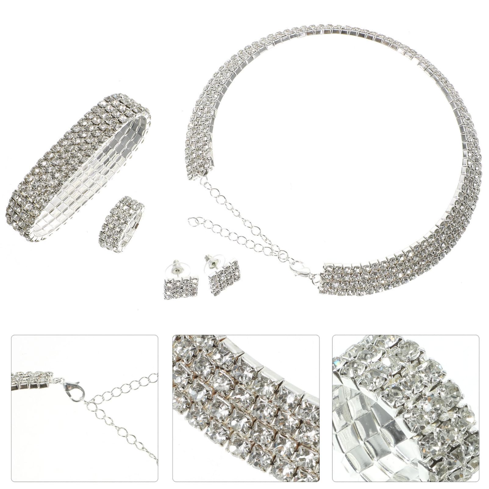 LIFKOME Novia Pendientes collares para mujer bolsas Collar plateado anillo collar de diamantes de imitación para mujer de joyería de san valentín aleación Silver