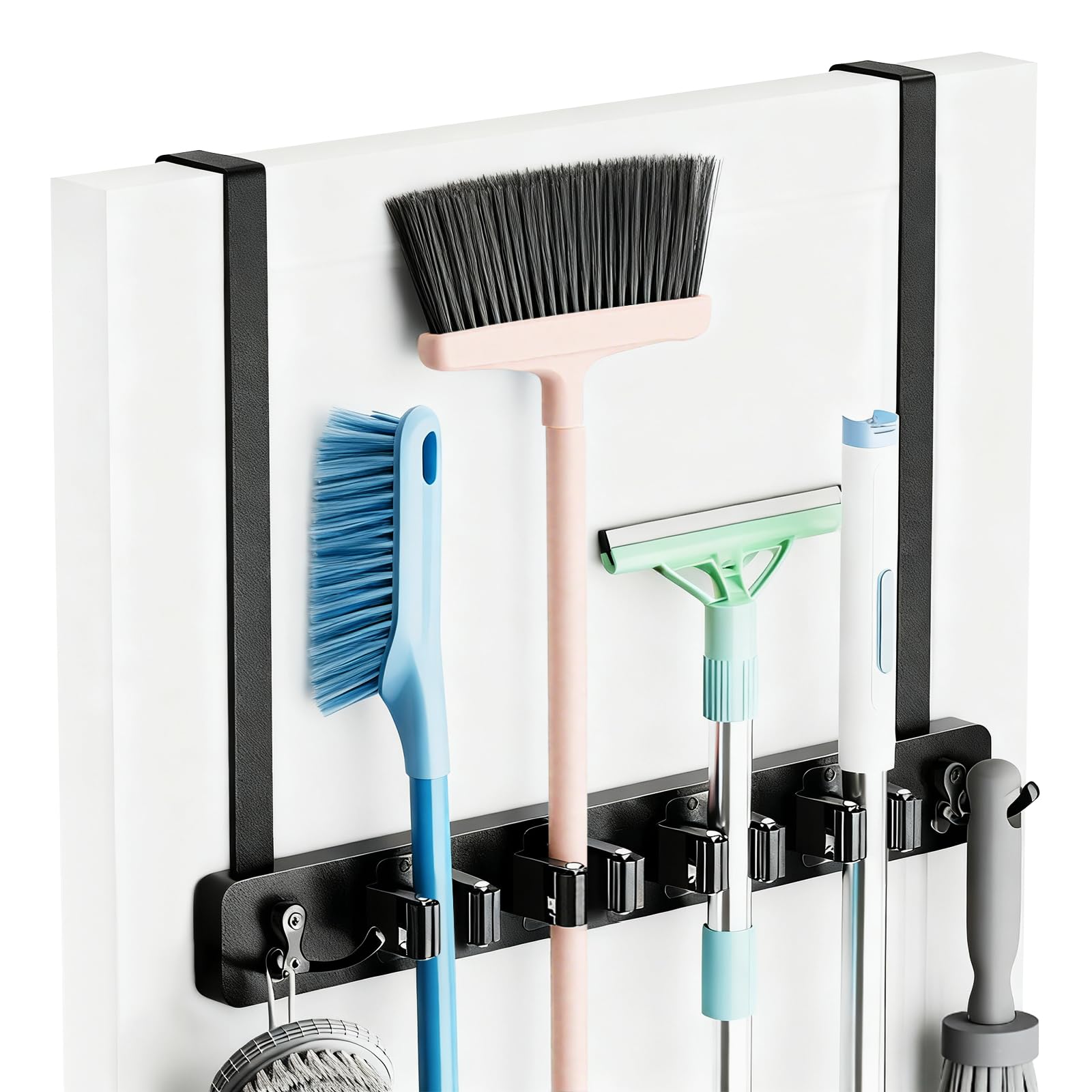 Besenhalterung Tür Hängen, Besenhalterung Wand, Gartengerätehalter Schwarz, Besenhalter mit 4 Regalen und 4 Haken, Abstellraum Ordnungssystem, Besenständer Hängend Ohne Bohren