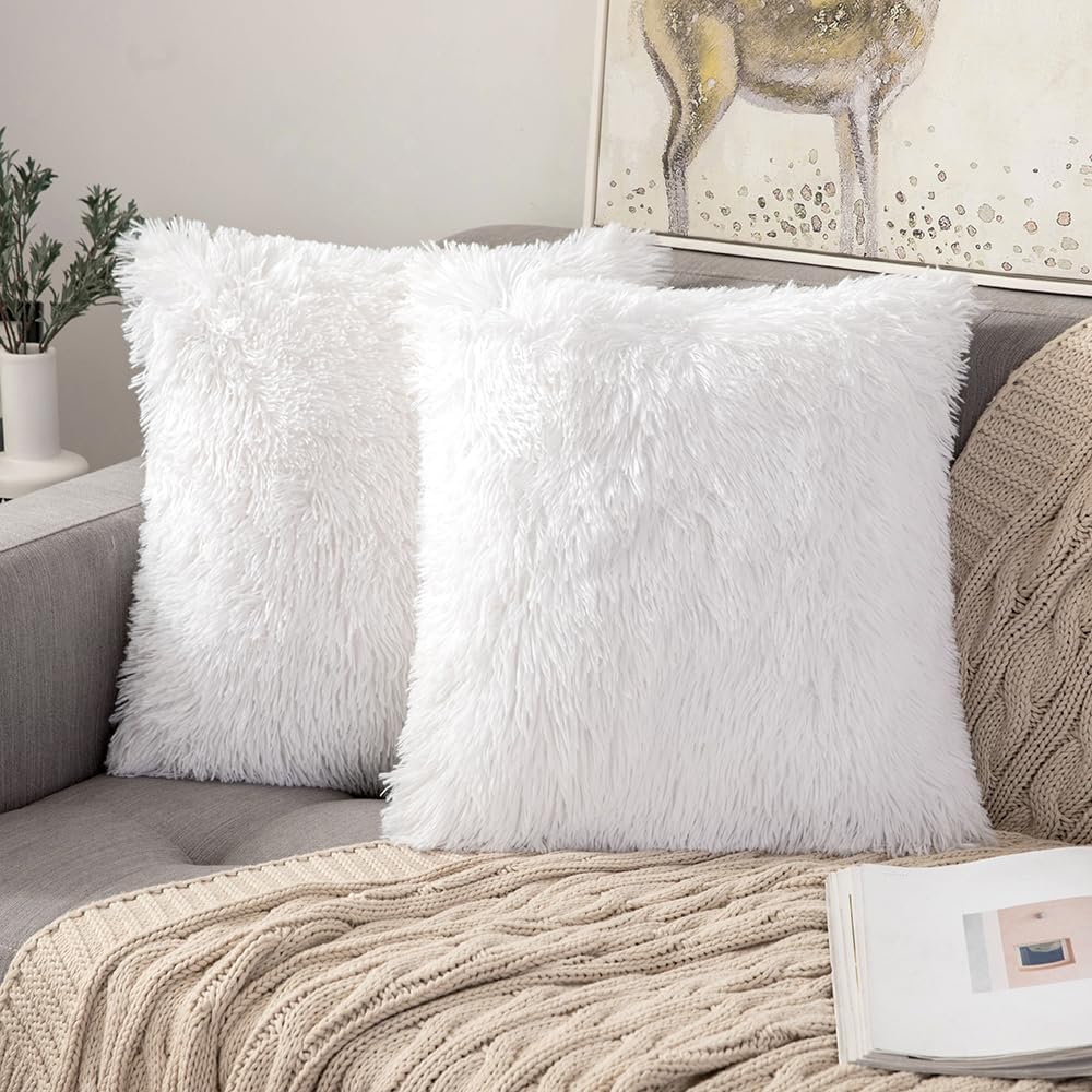 ANRODUO Pack of 2 White Throw Pillow Covers Luxury Fluffy Pillows Faux Fur Decorative Pillows Plush Cushion Case Fuzzy Mongolian Merin Style for Bed Couch Sofa Living Room Spring Decor 18x18 Inch
