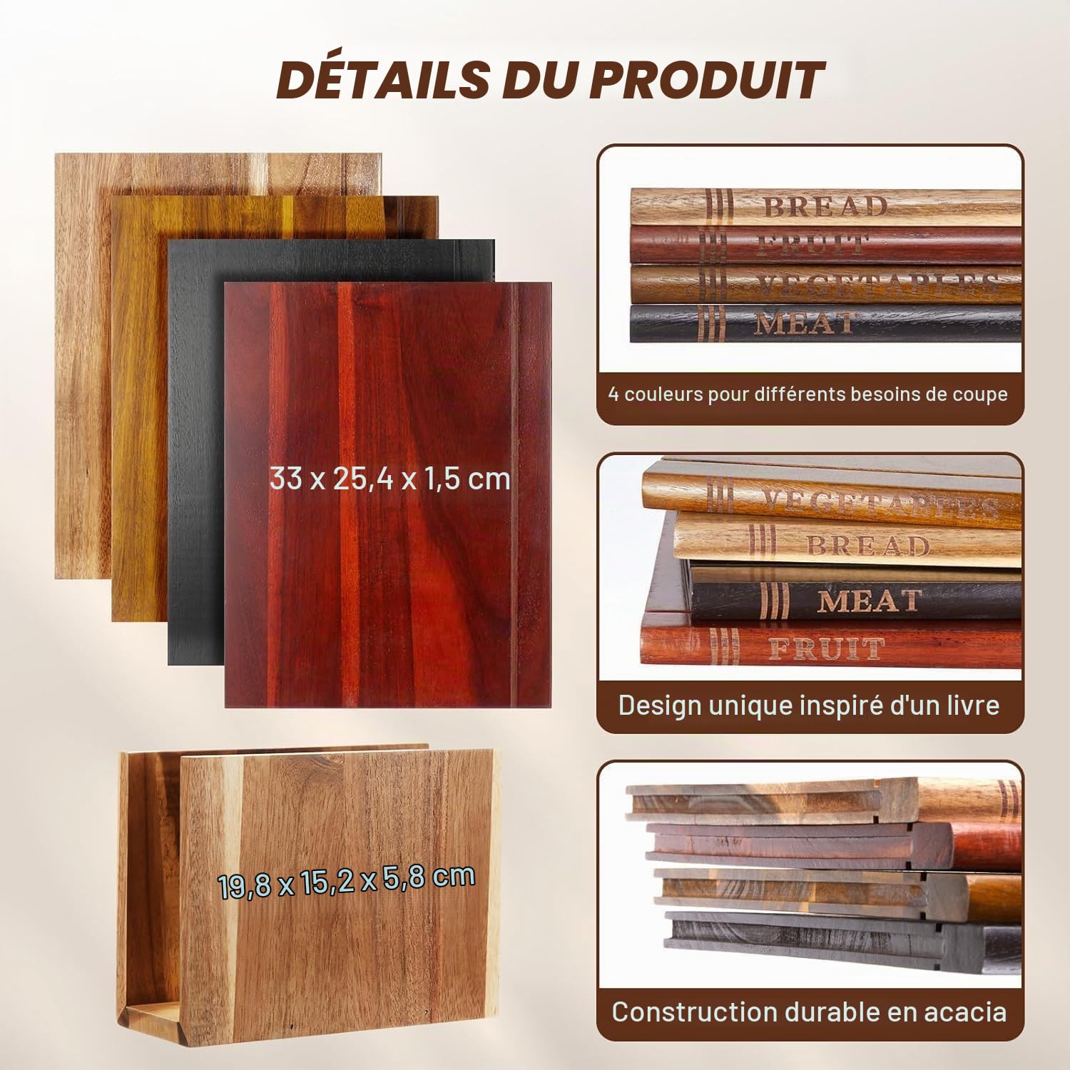 Lot de 4 planches à découper en bois avec support de rangement - Planches à découper décoratives en forme de livre pour la viande, les légumes et le pain