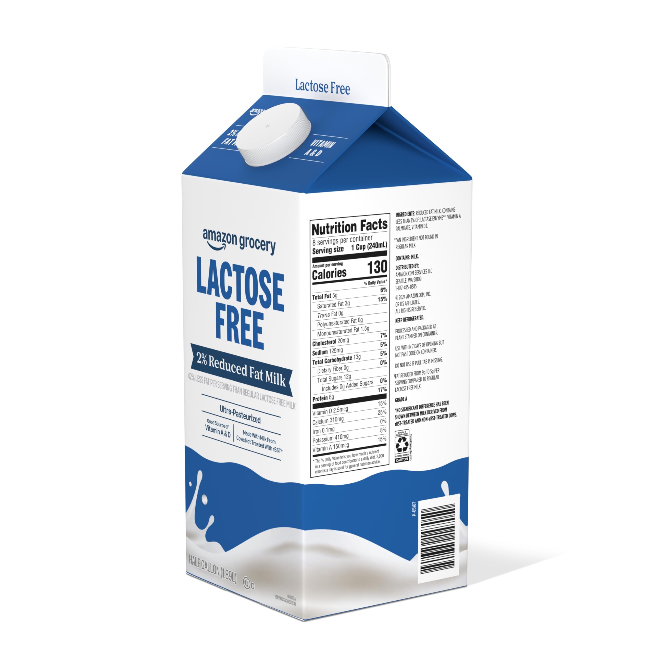 Amazon.com: Amazon Grocery, Lactose Free 2% Reduced Fat Milk, Half
