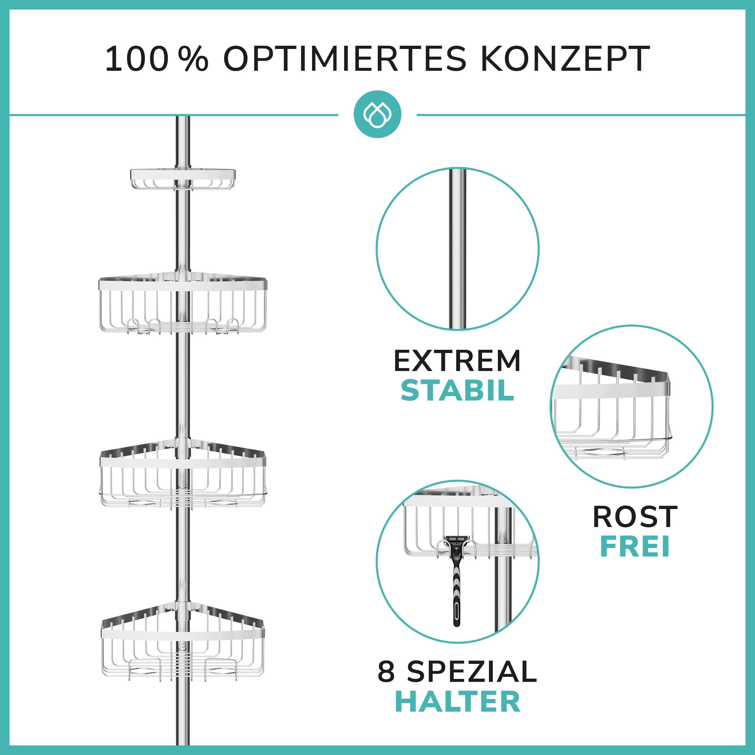 Teleskop Duschregal mit 3 Fach Anti-Rost Schutz (105-270cm) | Stabiles & flexibles 105-270cm Duschregal Teleskop ohne Bohren - Teleskopregal Bad 4 Körbe - Klemmregal Dusche und Badewanne