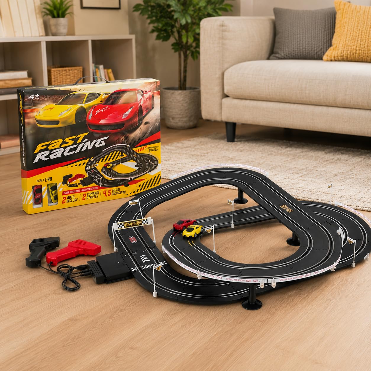 Circuito de carreras de 4,5 metros, pistas de carreras, dos coches, pistas eléctricas, control remoto, circuito eléctrico de carreras, dos coches y controlador (A)