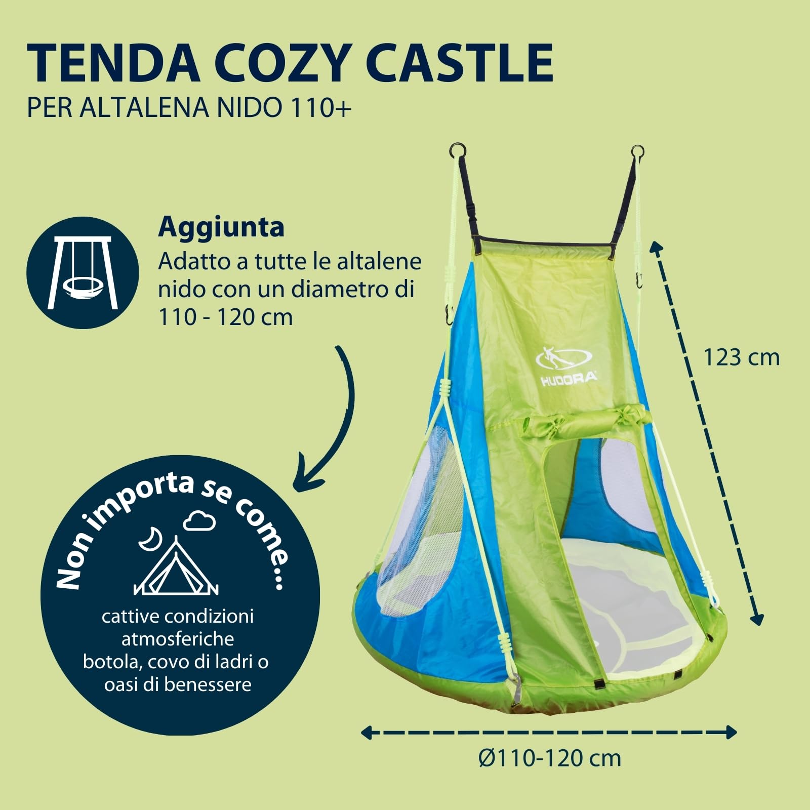 Tenda HUDORA Cosy Castle - copertura per altalena HUDORA nest 90 e 110/120 in blu/limone - tenda per altalena in poliestere per uso interno ed esterno - tettoia per altalena per bambini e adulti