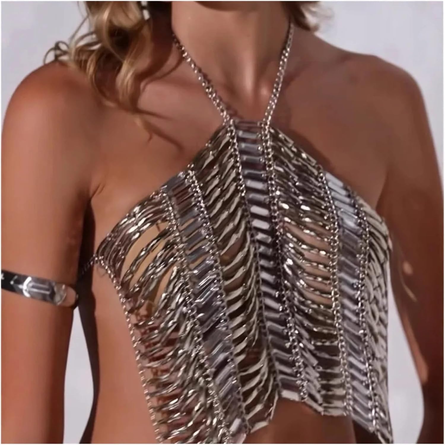 2025 Design Irregular Rhinestone Beading Metal Halter Tops Wide Layers Bling Beaded Bra Night Club Body Jewelry