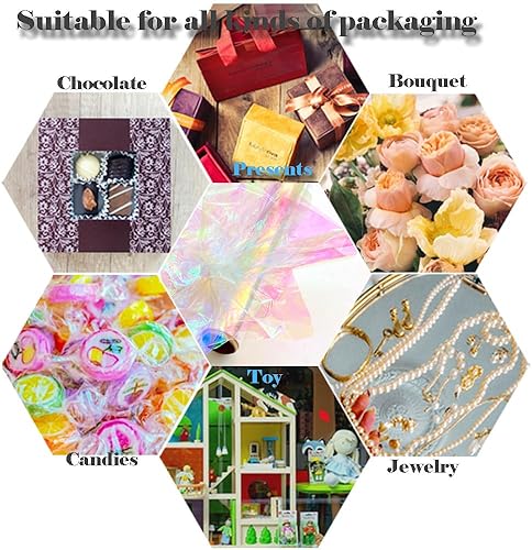 Miniatura 6 de 1 rollo de celofán iridiscente de 50 pies, papel de regalo iridiscente, rollo de celofán holográfico, envoltura de celofán para cestas de regalo,