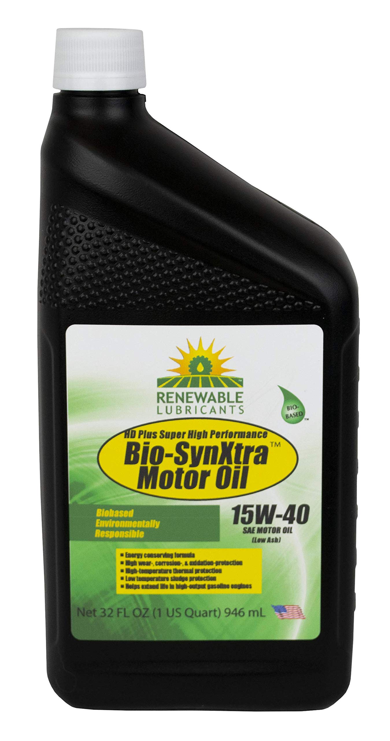 Renewable Lubricants Bio-SynXtra SAE 15W40 Heavy Duty Plus Super High Performance Motor Oil, 1 qt Bottle