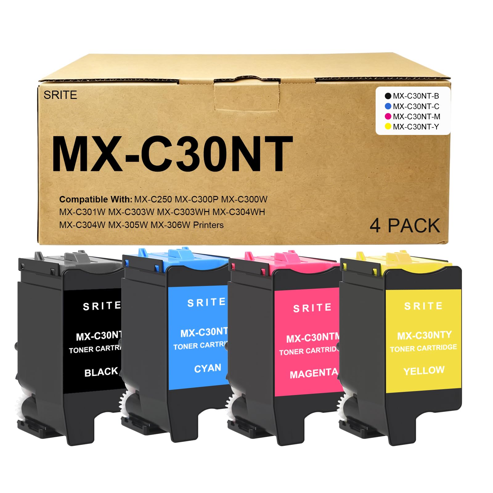 SRITE High Yield MX-C30NT MXC30NT Toner Cartridge MX-C30NT-B MX-C30NT-C MX-C30NT-M MX-C30NT-Y Replacement for Sharp MX-C250 C300P C300W C301W C303W C303WH C304W C304WH Printers(4-Pack)
