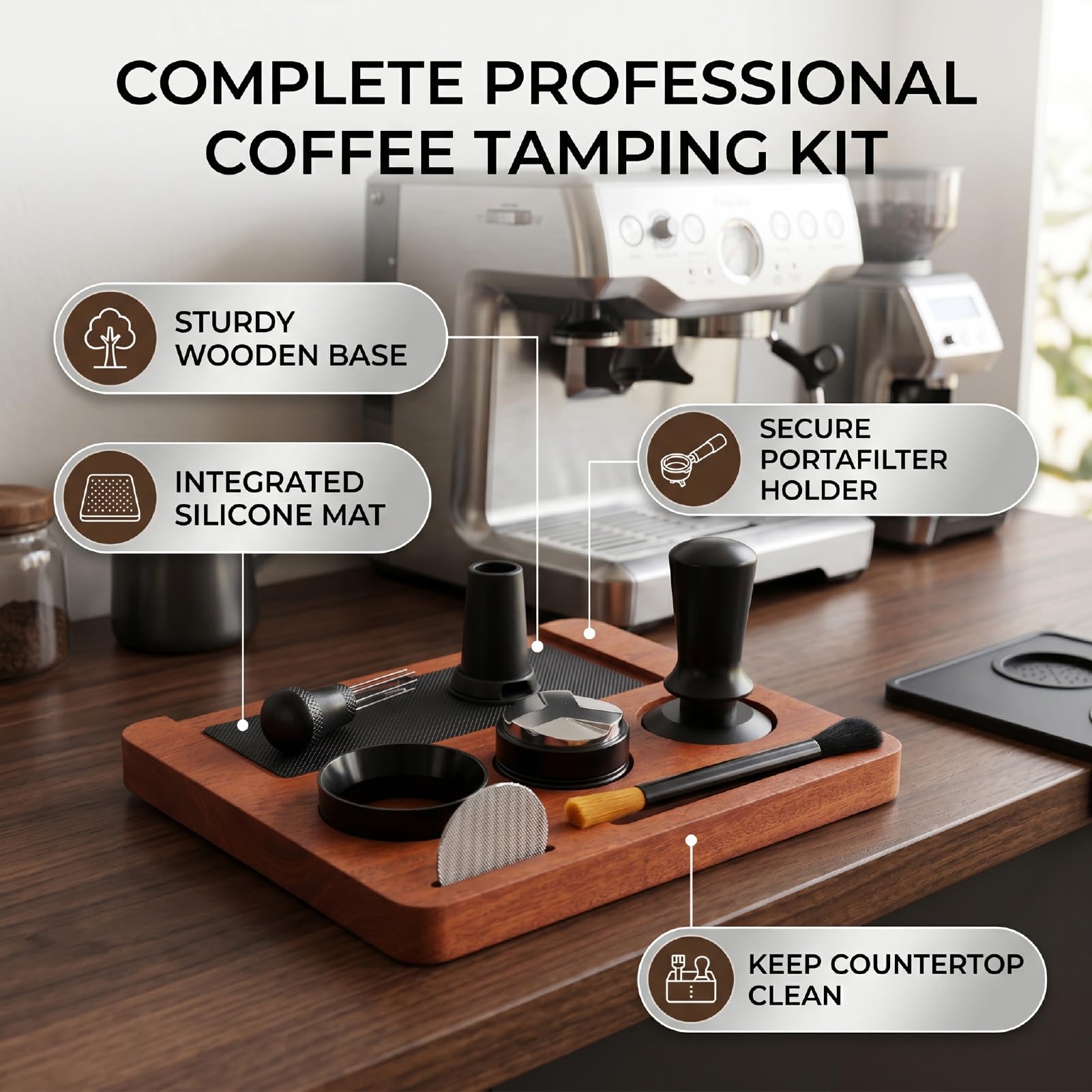 Jiawu Juego de Manipulación de café, Base de Madera Maciza de 51mm con Tapete de Silicona y Soporte Seguro para Portafiltro, Kit de Estación de Compactación de café para Uso Doméstico
