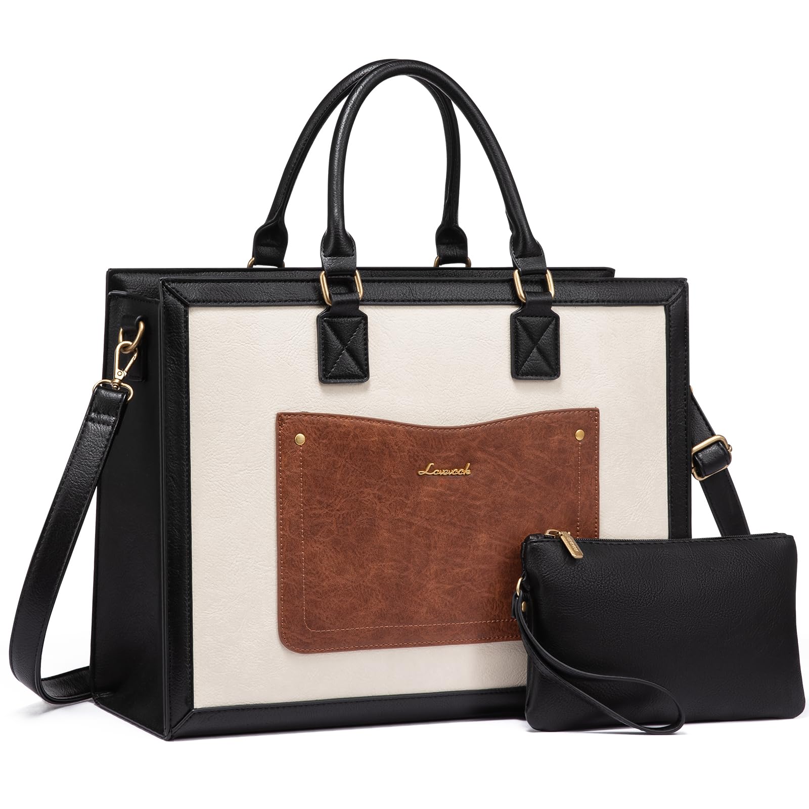 LOVEVOOK Laptop Tote Bag for Women, 15.6 Inch Work Bags, Vintage Leather Tote Bag, Waterproof Computer Bags with Clutch Purse, Large Capacity Messenger Bag for Teacher College Business Office