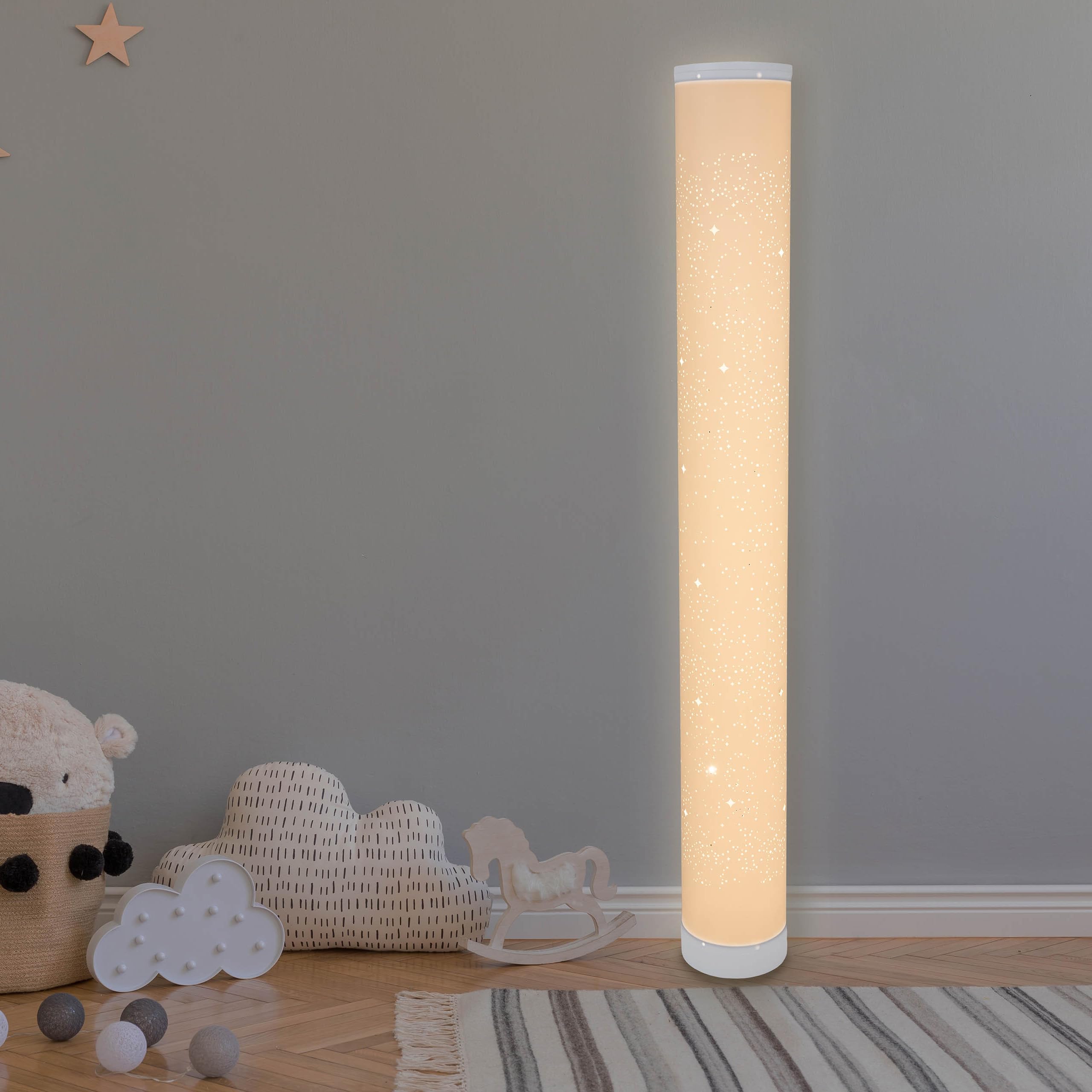 Moderne LED Stehleuchte RGB & Warmweiß – 103 cm Lichtsäule montiert geliefert (Kein DIY) – Musik-Sync, Lauflicht & Funkeleffekt – Dimmbar inkl. Fernbedienung, Mattweiß, 10W